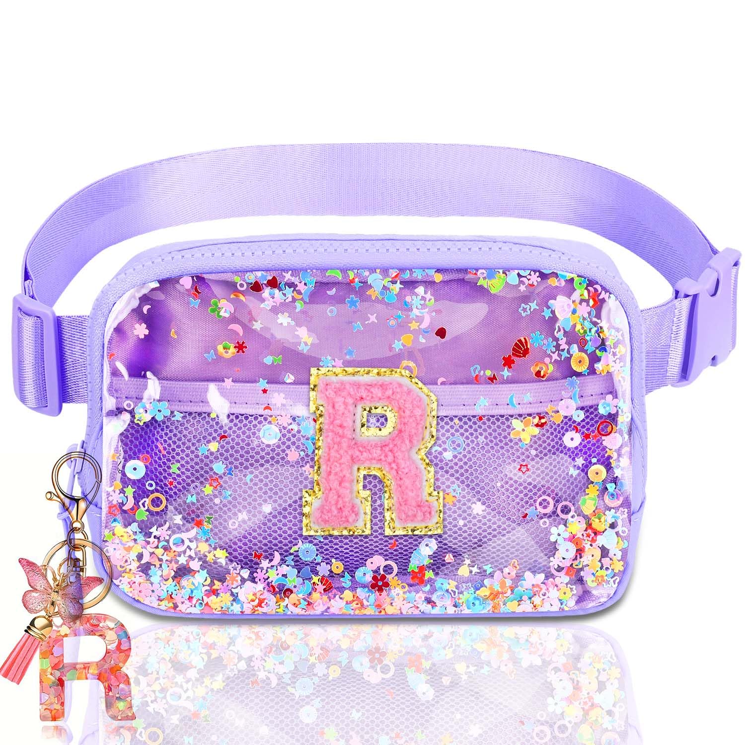 Initial Fanny Pack for Girls - Belt Bag for Teens Kid Teen Girl Kid Birthday Gift Clear Purple R