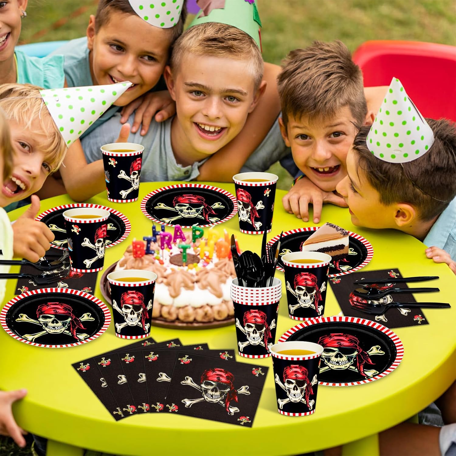 DYLIVeS Pirate Party Supplies, Red Pirate Themed Party Decorations Skull Corssbone Pirate Birthday Party Favors for Kids Boys Tableware Set, 9 inch Paper Plates Napkins Cups Cutlery, Serves 24, 144pcs - Image 4