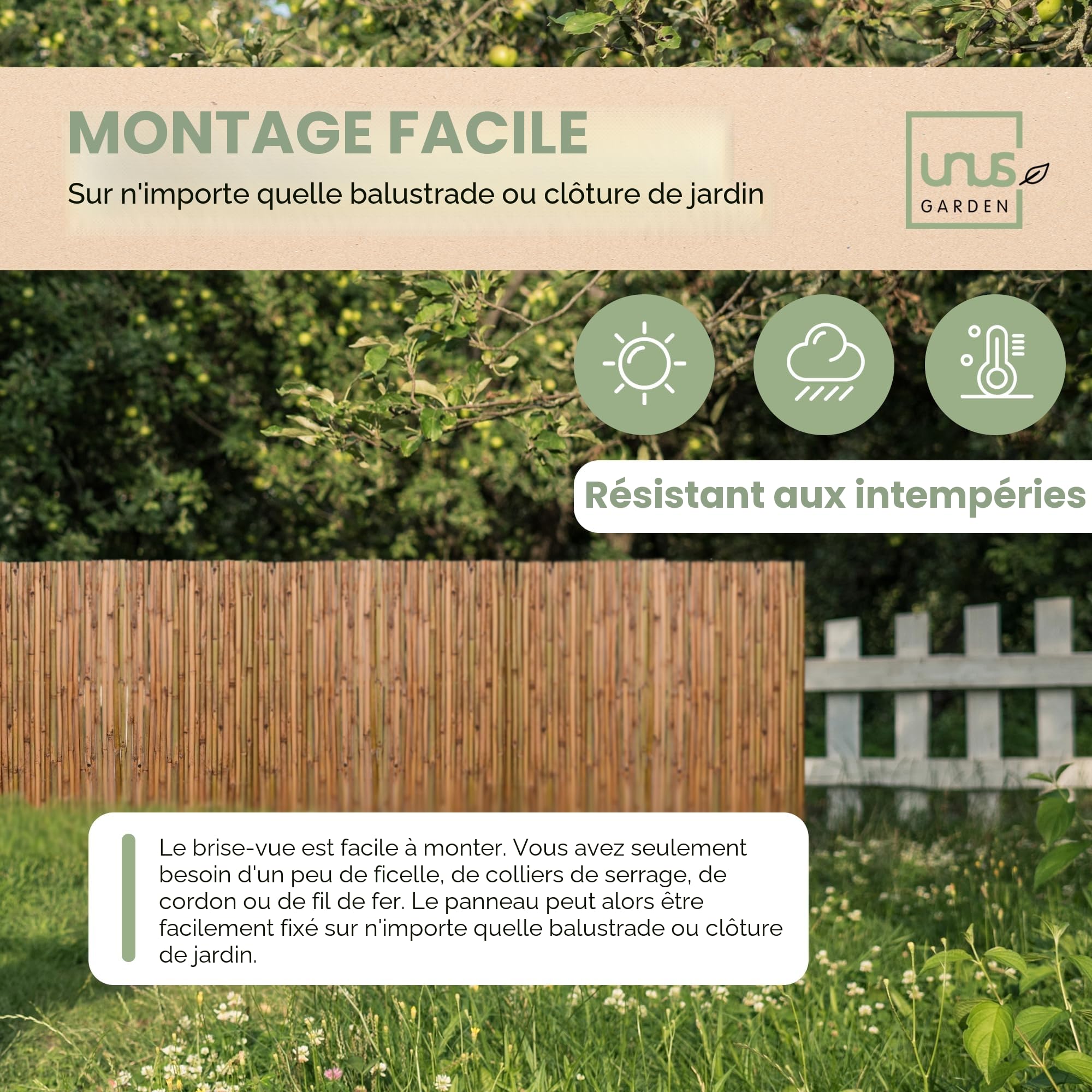 Brise-vue en bambou UNUS Différentes tailles disponibles Clôture pour terrasse, balcon et jardin Coupe-vent