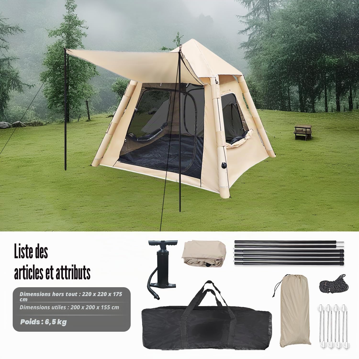 Tente de camping gonflable avec pompe pour 4 personnes, tente dôme gonflable avec sac de transport, tente de camping familiale 4 saisons, tente de camping 4 personnes, tente étanche pour camping et