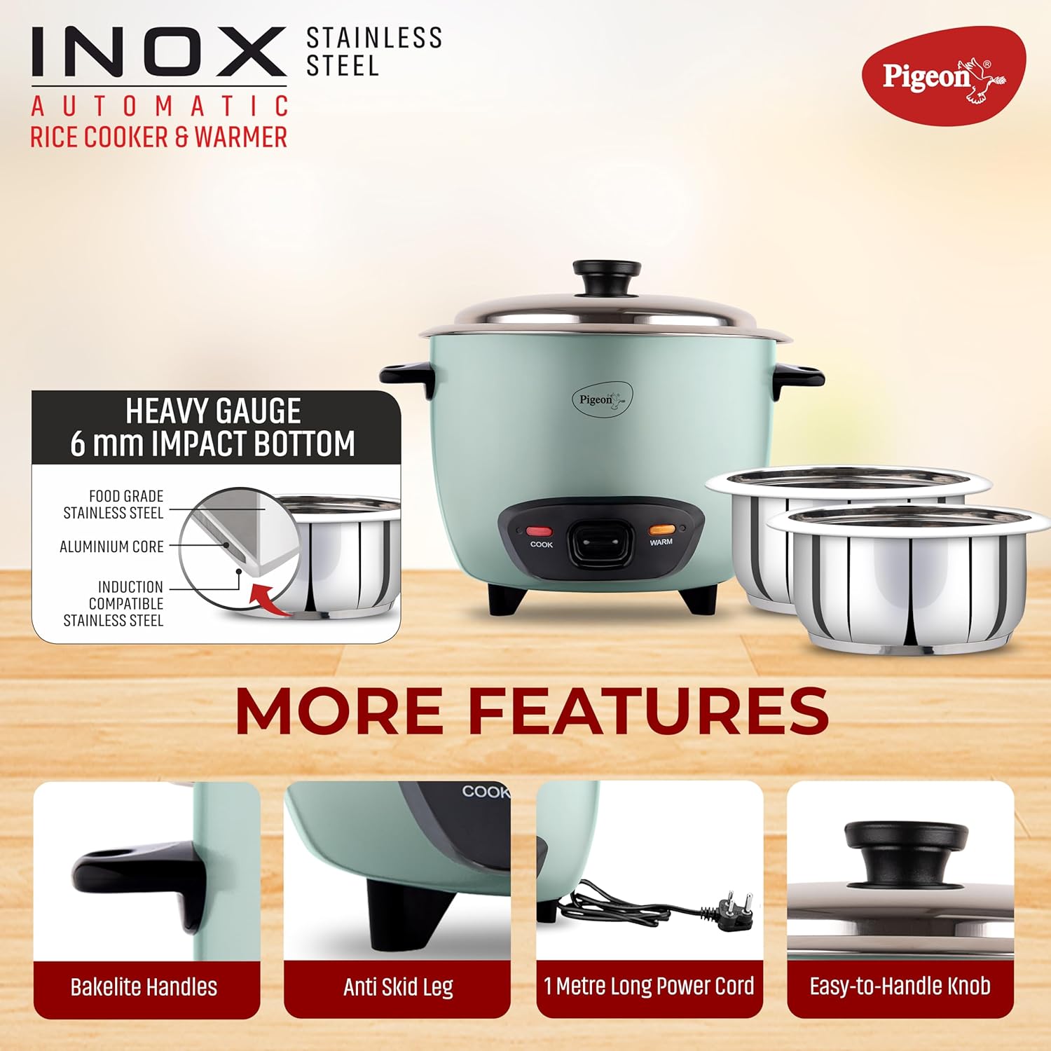 Pigeon Inox Electric Rice Cooker features