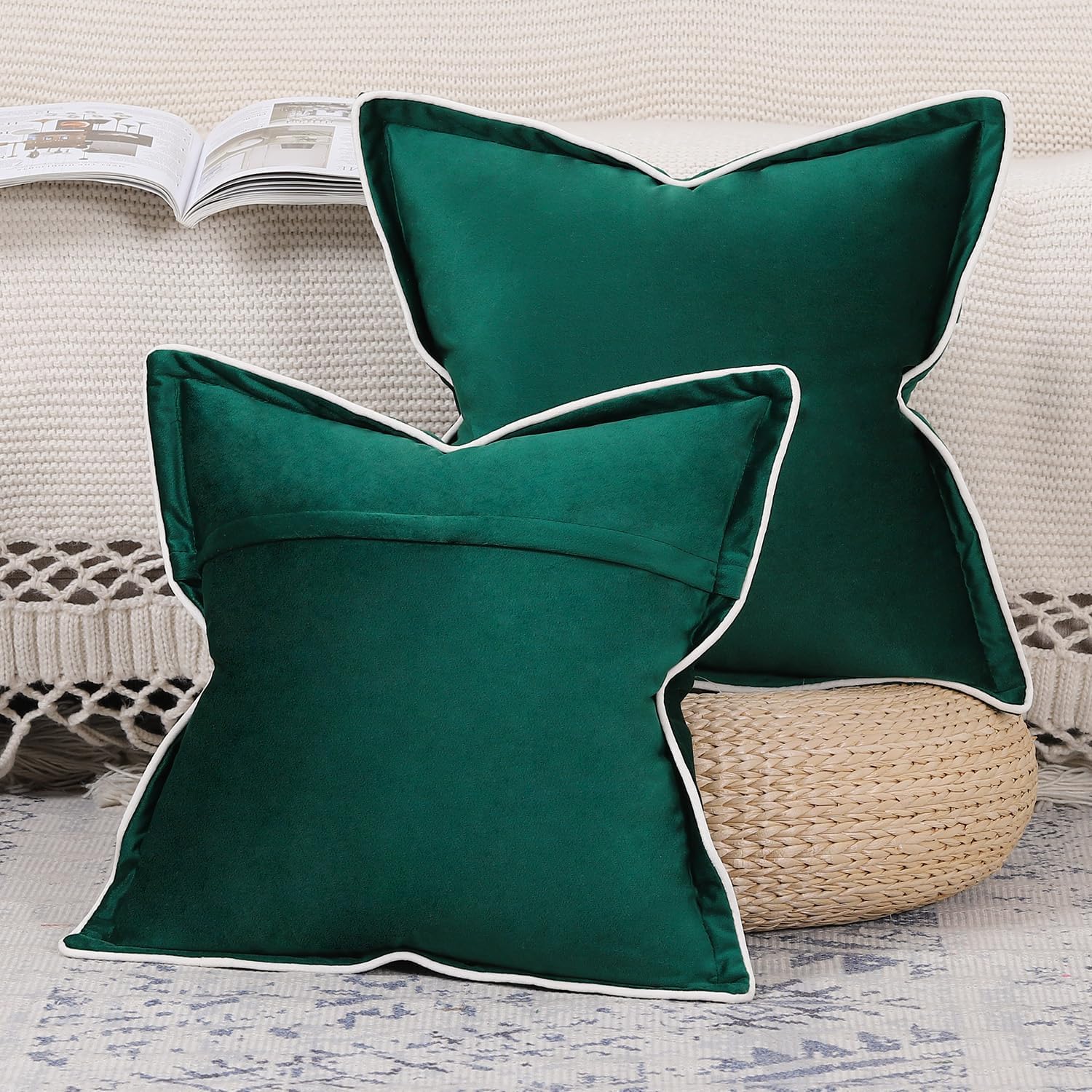 MADIZZ Set of 2 Velvet Fringed Throw Pillow Covers 24x24 Inch Green Soft Decorative Cushion Cover for Sofa Bedroom Pillow Shell