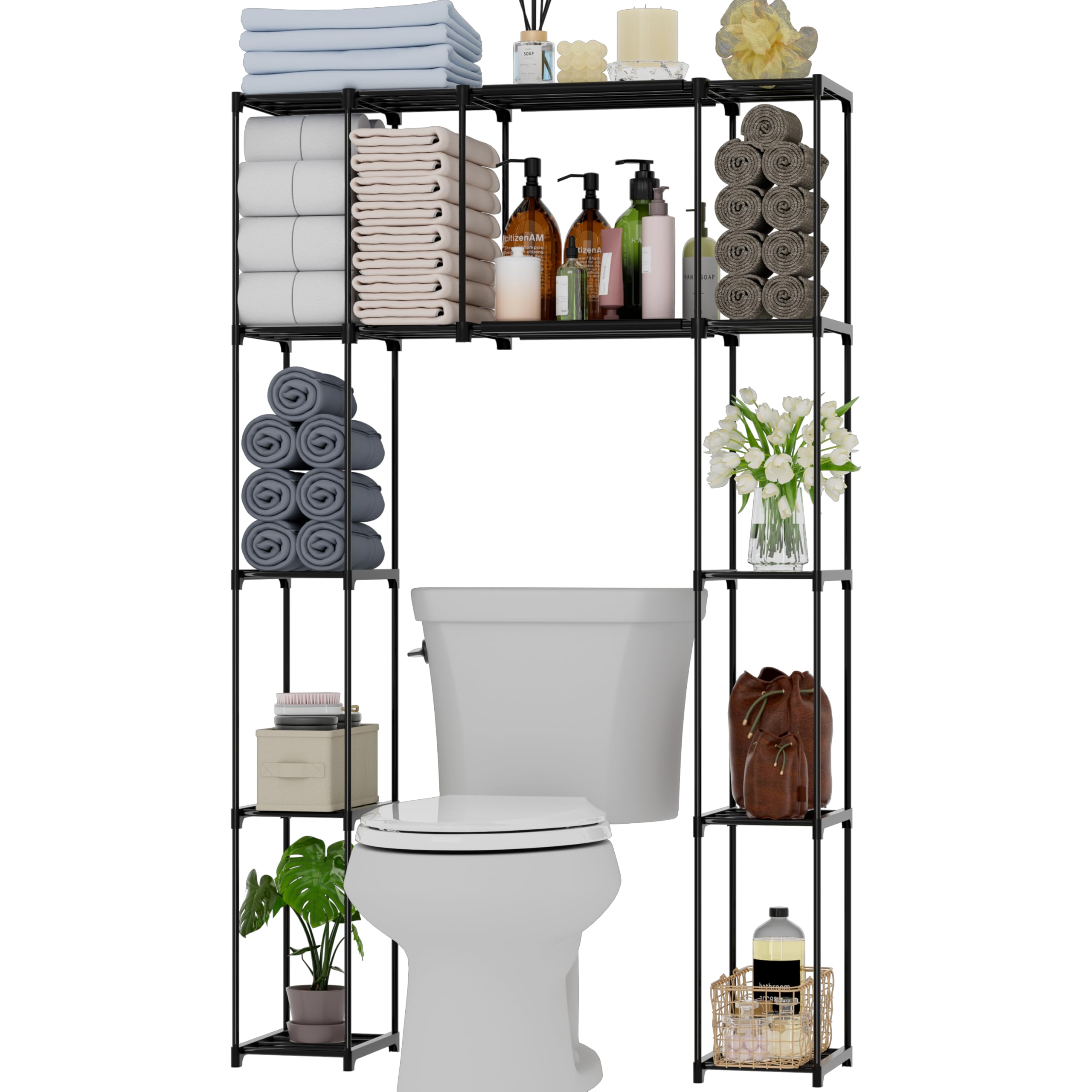 PPN Over-The-Toilet Storage Cabinet Premium Bathroom Organizers Solution for Small Spaces Black Bathroom Shelf Accessories Freestanding Shelves Towel Storage and Decorative Shelving Units Medium