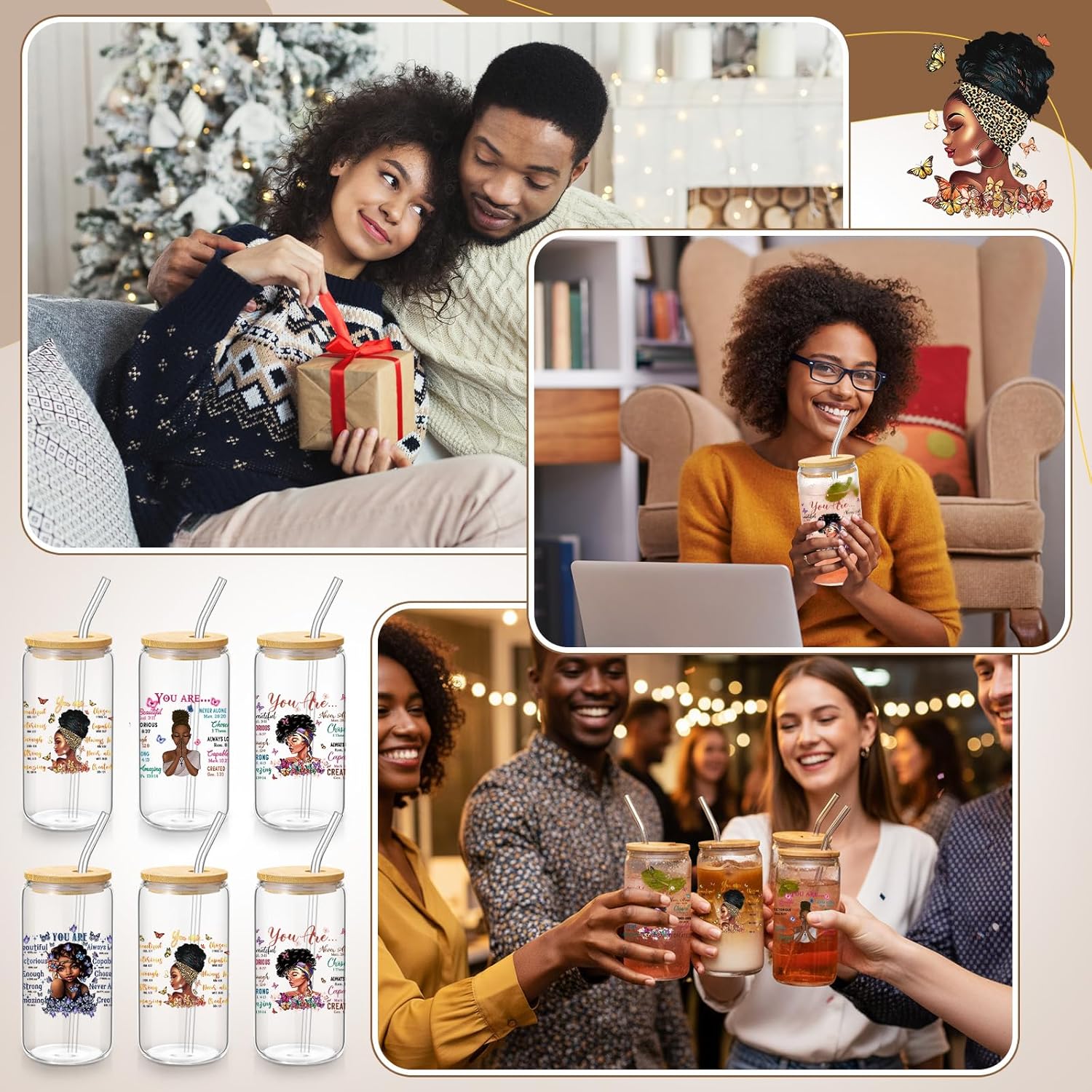 6 Pcs Appreciation Cups Gifts 16oz Drinking Glasses with Lids and Straw for African American Medical Assistant Tech Vet Receptionist Housekeeper Bus Driver Book Lover(Black African Woman)