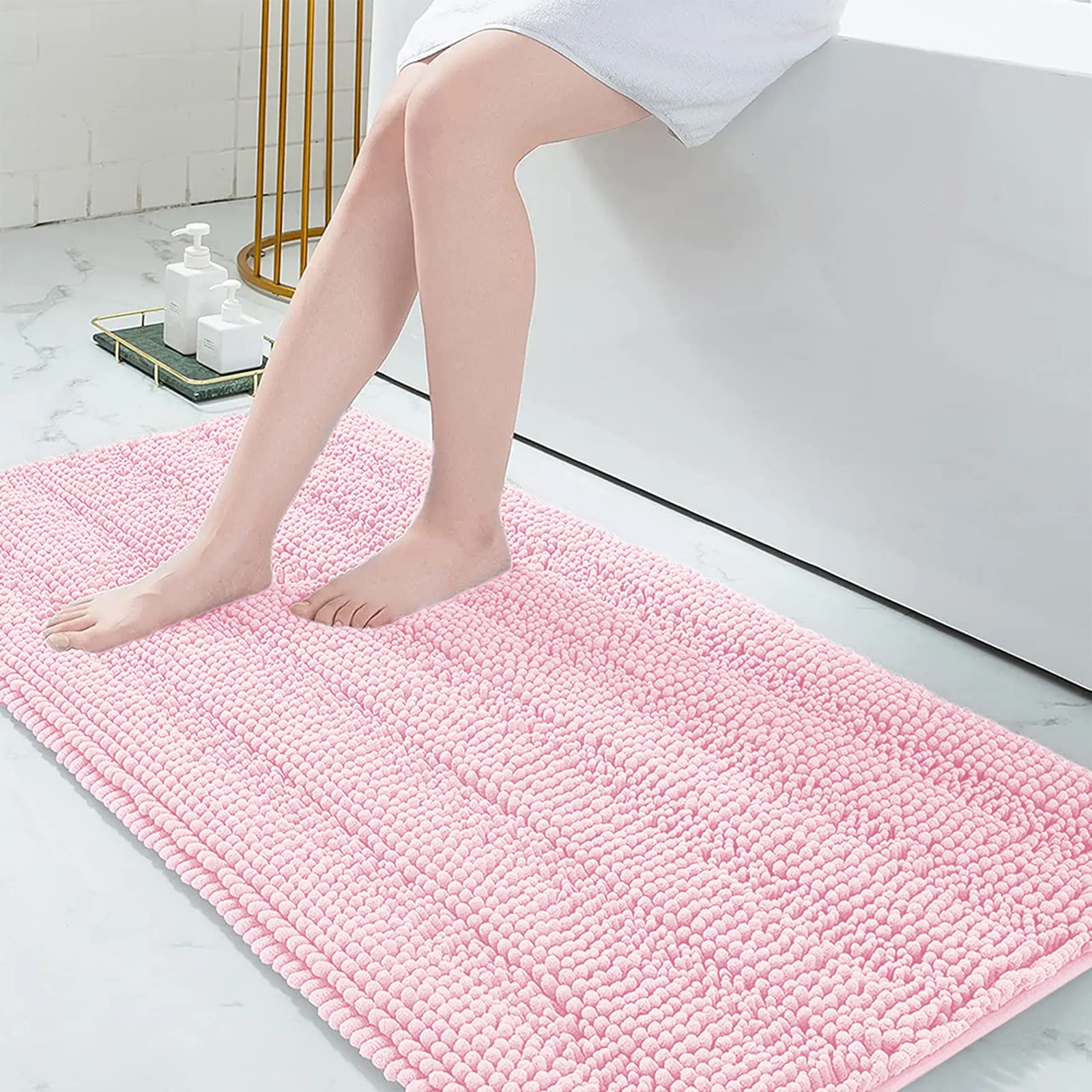 Grandaily Chenille Striped Bathroom Rugs 59x24, Extra Thick and Absorbent Bath Mats, Non-Slip Soft Plush Shaggy Shower Carpet, Machine Wash Dry, Bath