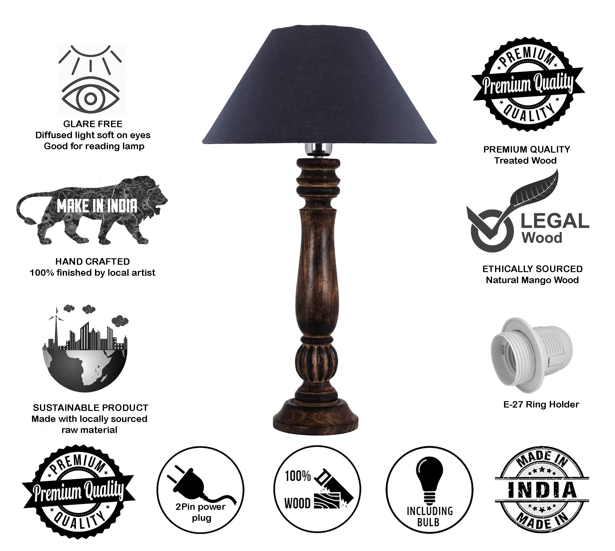 Homesake® Handcrafted Wooden Table Lamp for Bedroom & Living Room|Decorative Bedside Reading Lamp with Fabric Shade, E27 Holder|Bulb Included|Black Classic Victorian Base for Home Décor, Black 2