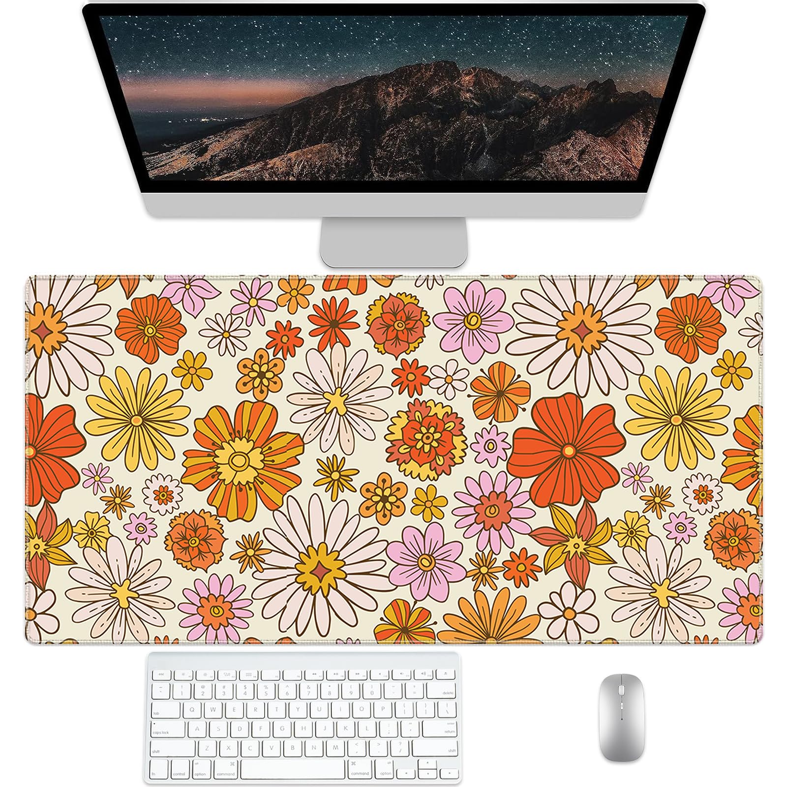 Orange Daisy Desk Protector, Stitched Edges Flower Mouse Mat, Large Office Mat, Non-Slip Blotter, Laptop Desk Pad, Floral Writing Pad for Office and