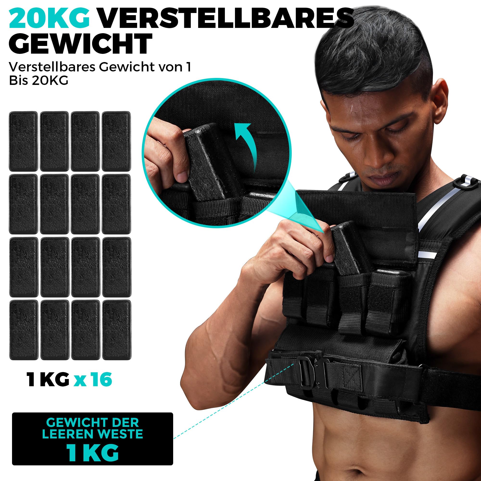 ONETWOFIT Verstellbare Gewichtsweste für Herren 20KG, Rucking-Westen mit abnehmbaren Eisengewichten, 1,2" extra dicke Schulterpolster, Krafttrainingsweste zum Laufen, reflektierende Streifen