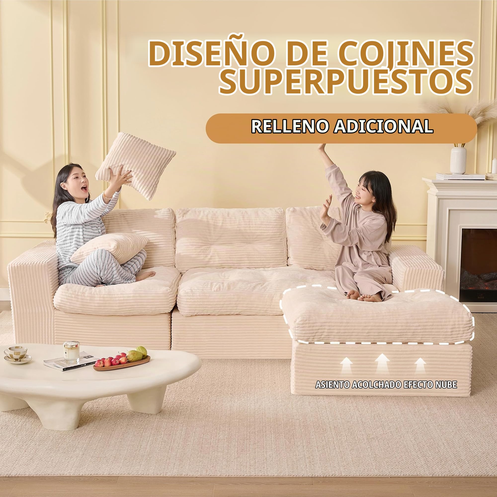 Sofá Chaise Longue 3 Plazas Modular con Puf Móvil, Pana, Beige | Sin Montaje, Asiento Profundo, Espuma de Alta Densidad, Cojines de Respaldo, Salón o Apartamento