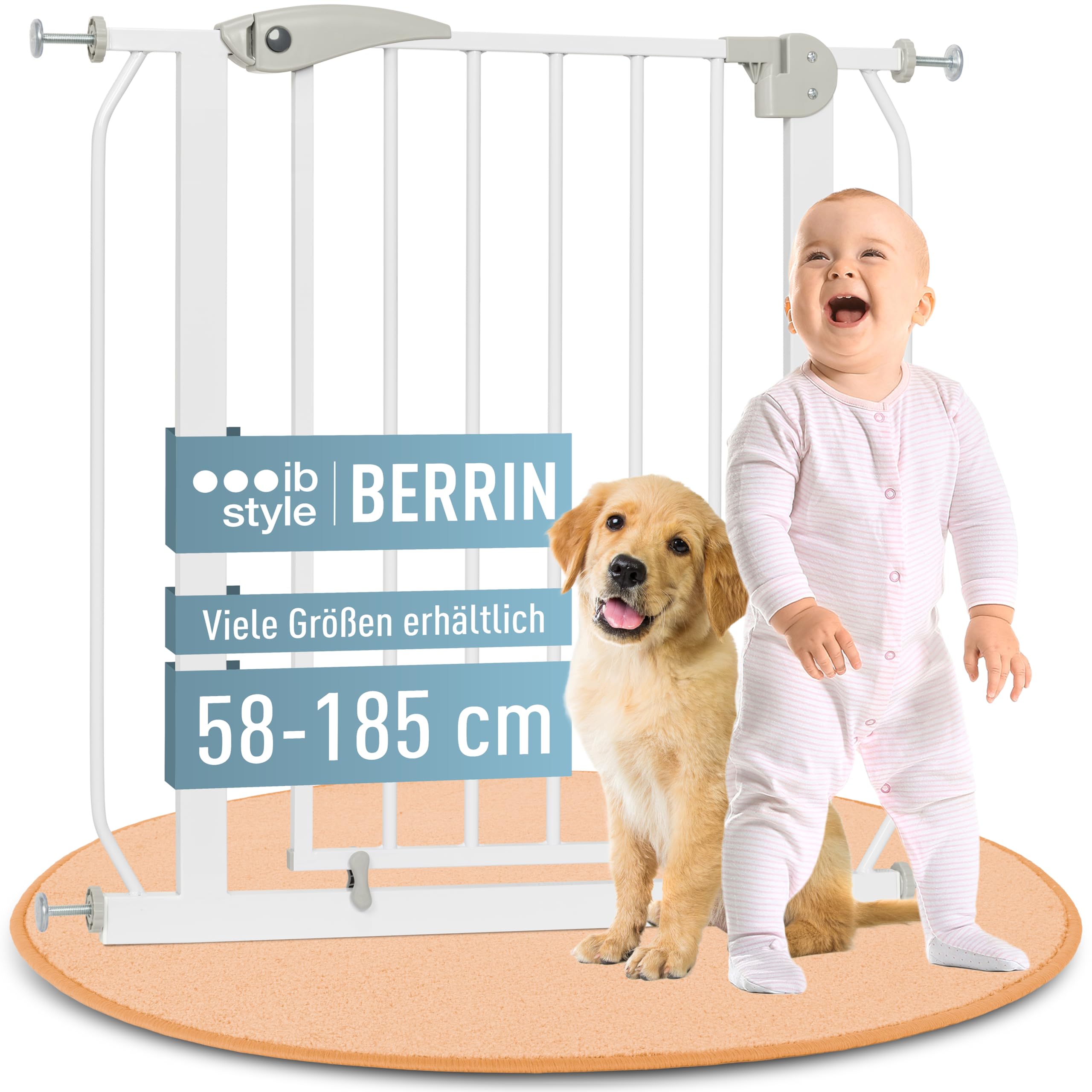 IB STYLE Treppenschutzgitter für Babys Berrin - Türschutzgitter, Tuergitter für Kinder, Hunde, Katzen, Ohne Bohren, Weiß, 115-125 cm