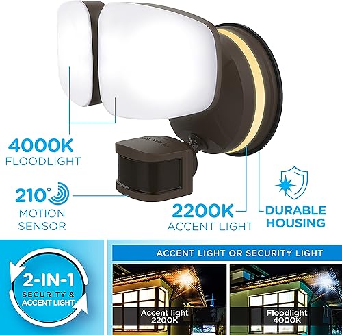 Miniatura 2 de Enbrighten Luz de seguridad inteligente LED Wi-Fi, control de aplicación, activada por movimiento, doble cabeza, bronce, certificación ETL,