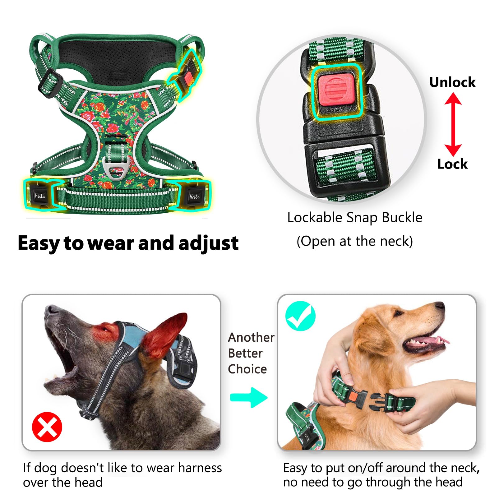 HEELE Pettorina Cane, Imbracatura Sganciata Rapido dal Collo, Pettorina Anti-tiro Riflettente e Regolabile con Maniglia Comoda, Morbida e Imbottita per Cani, Floral-Verde-Serratura S