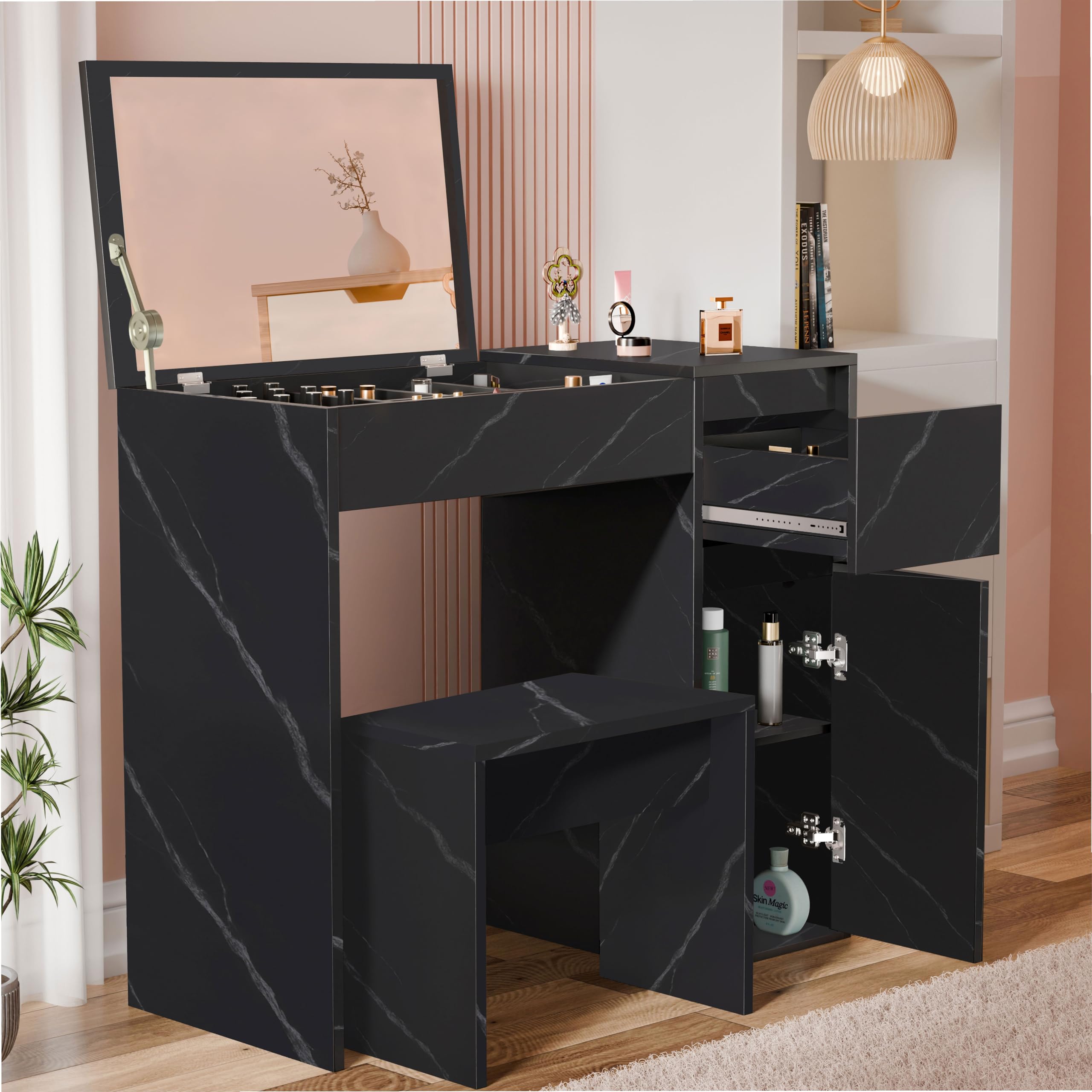 Blisswood Dressing Table with Flip-Up Mirror & Stool – Vanity Desk with Hidden Storage,Beauty Makeup Organizer for Small Spaces, Bedroom Dresser or Work Table for Teen kids Women_Black Marble — image 1