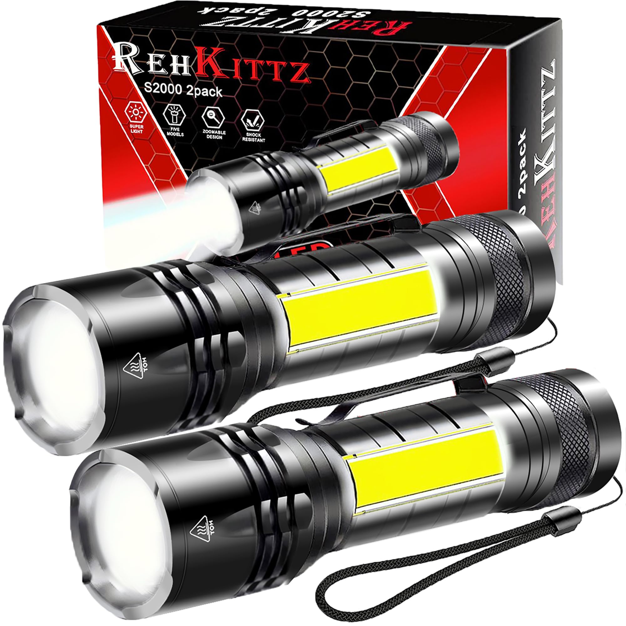 MVIOCS Confezione da 3 torce a LED, torcia tattica ad alta luminosità con 5 modalità, mini torce luminose, zoomabili, impermeabili, potenti per uso domestico e all'aperto, torcia per campeggio