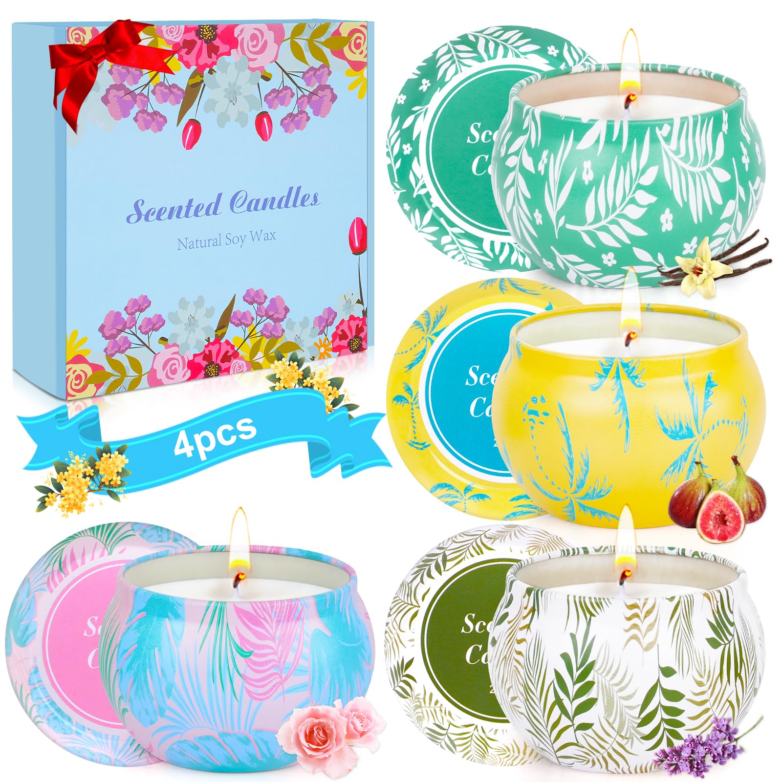 Velas perfumadas regalos para mujeres, juego de 4 velas aromáticas de cera de soja natural para aliviar el estrés, regalo de cumpleaños y Navidad, regalo para familia, mujeres, 180 horas