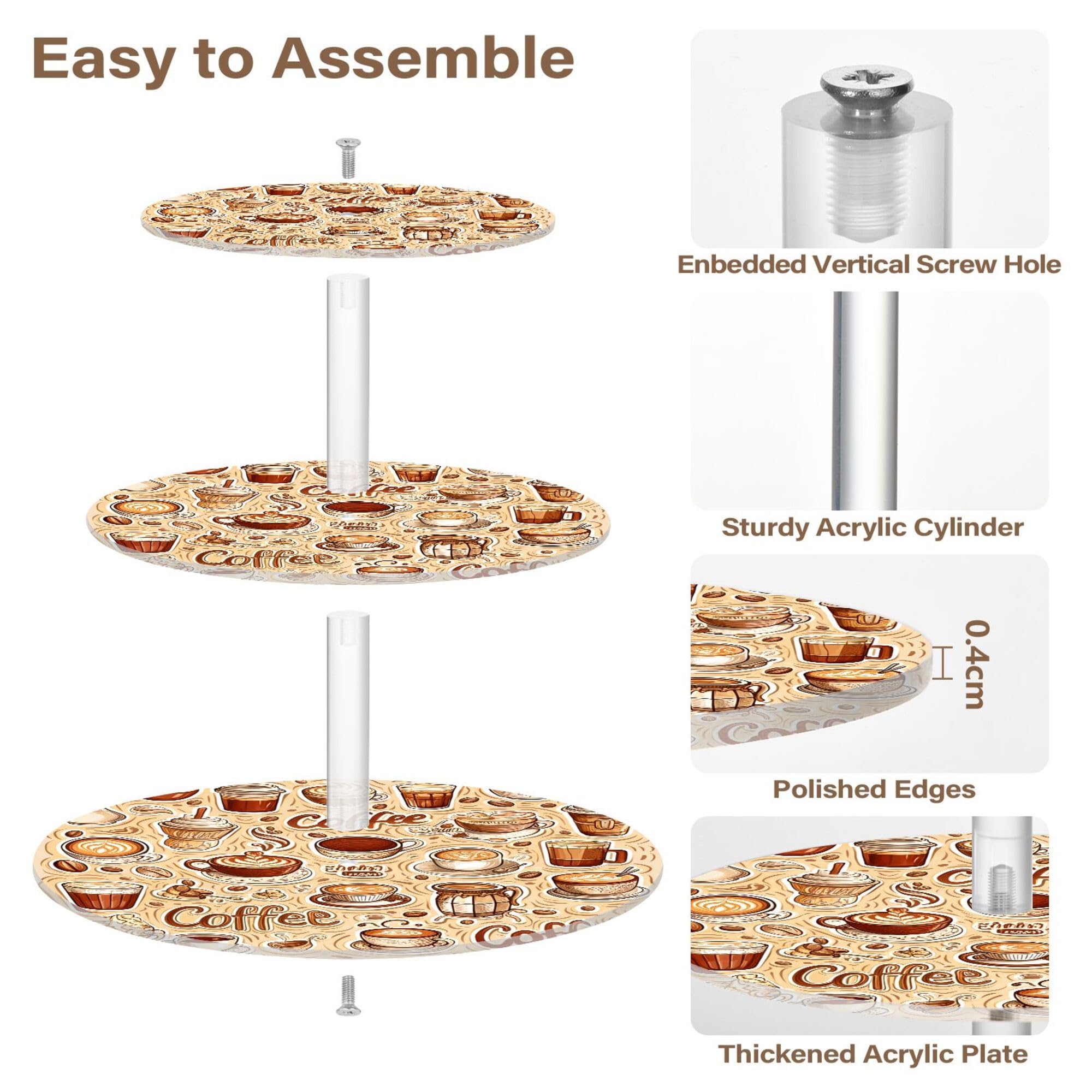 PYBUG Coffee Pattern 3 Tier Acrylic Cupcake Stands Tower,Dessert Table Display Set for Tea Party,Wedding,Birthday, Baby Shower