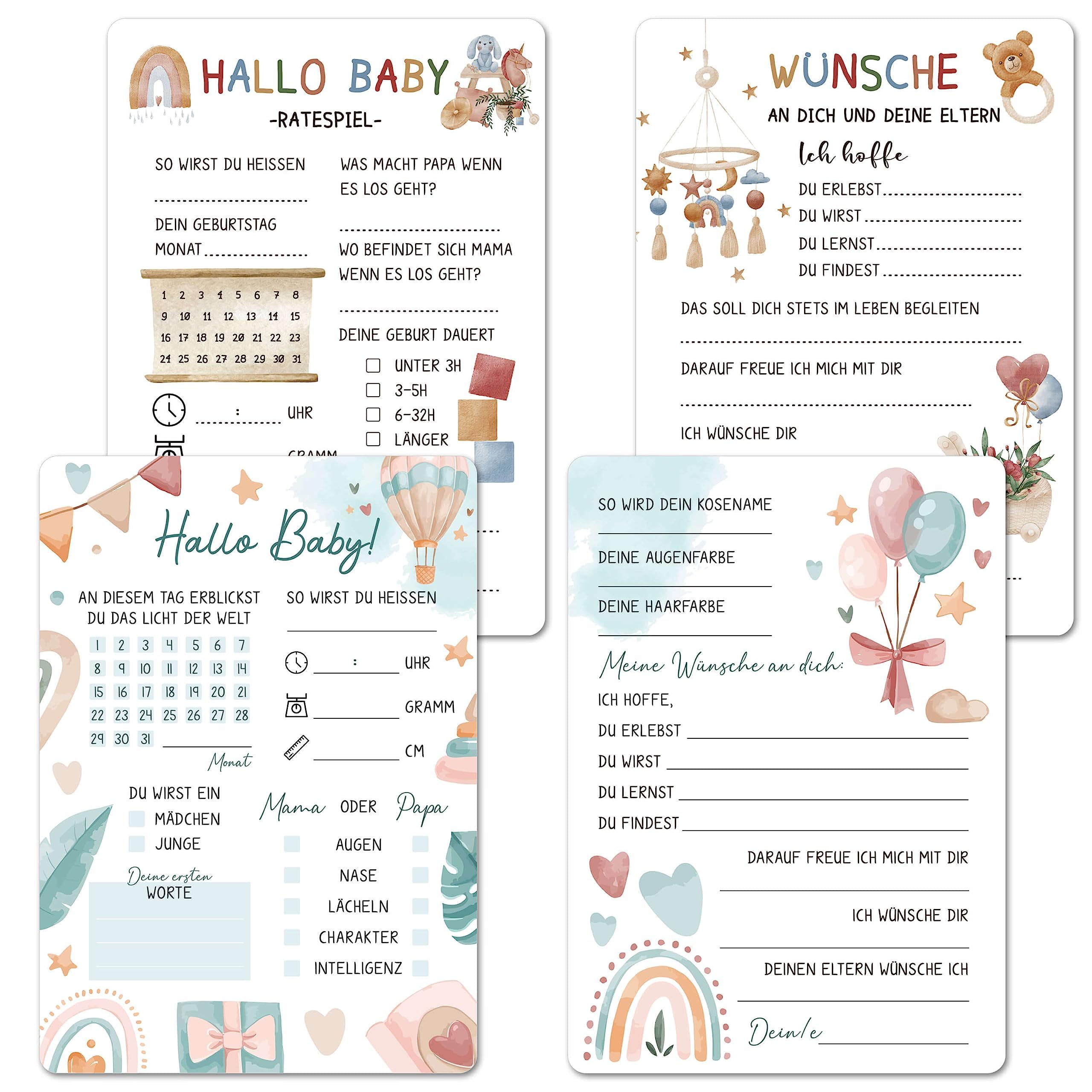 BIROYAL 24 biglietti per baby shower, da compilare, formato A6, per feste di genere, per baby shower, giochi per bambini e ragazze, stampati su entrambi i lati
