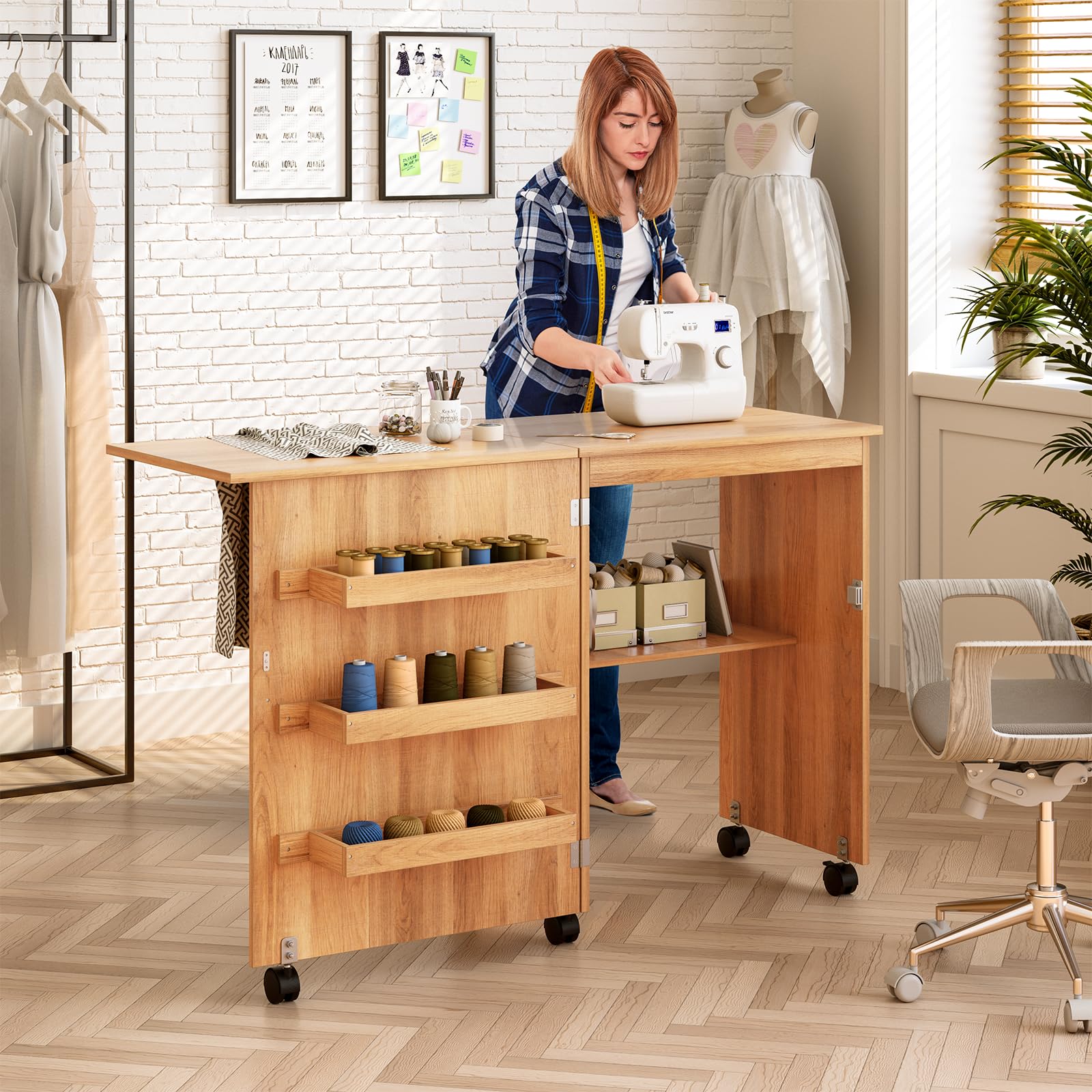 RELAX4LIFE Faltbarer Nähtisch auf Rollen, Nähmaschinenschrank aus Holz, Nähschrank, Mehrzwecktisch, ideal für Wohnzimmer, Schlafzimmer und Arbeitszimmer (Holzfarbe)