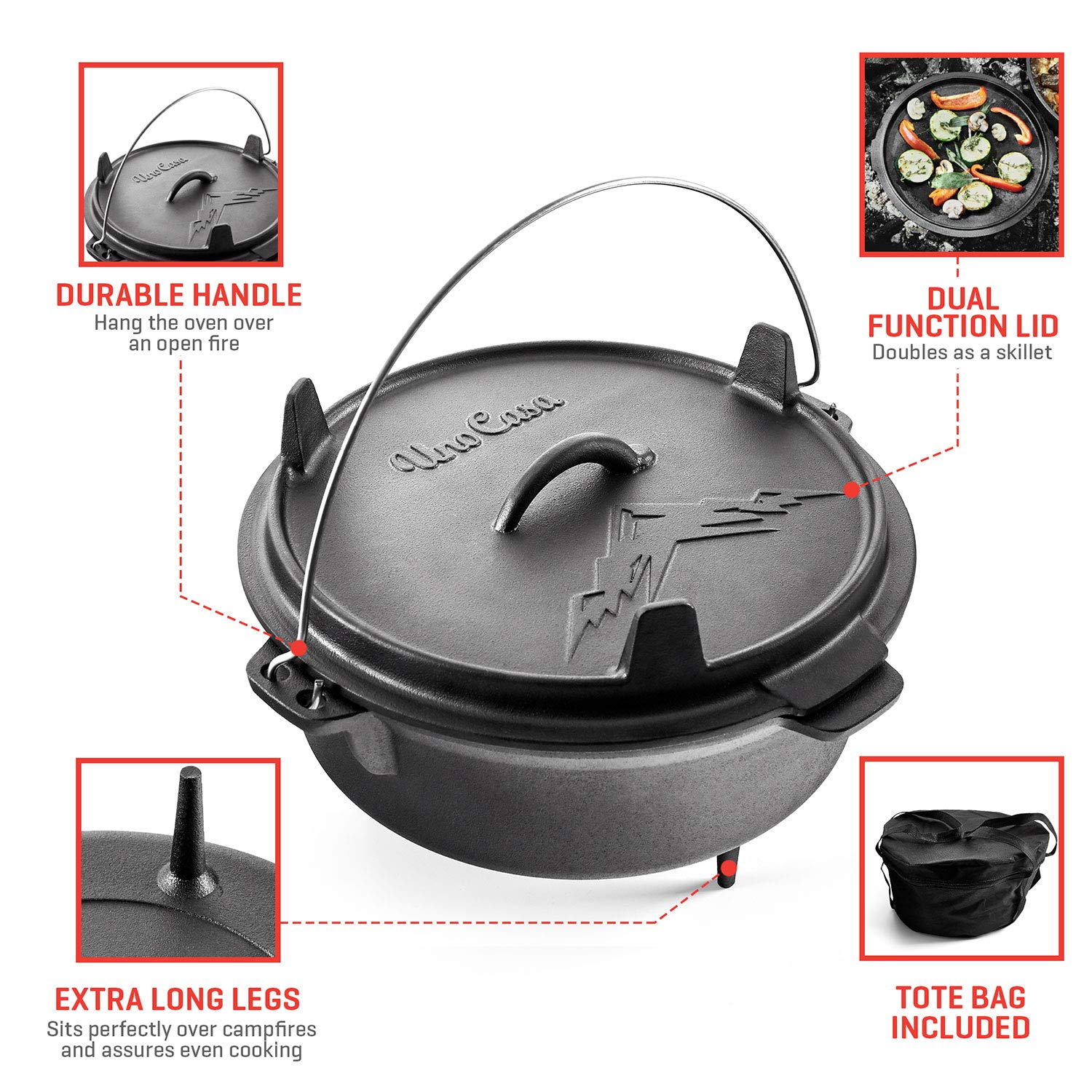 Uno Casa Cast Iron Camping Dutch Oven 6 Quart PreSeasoned Camping