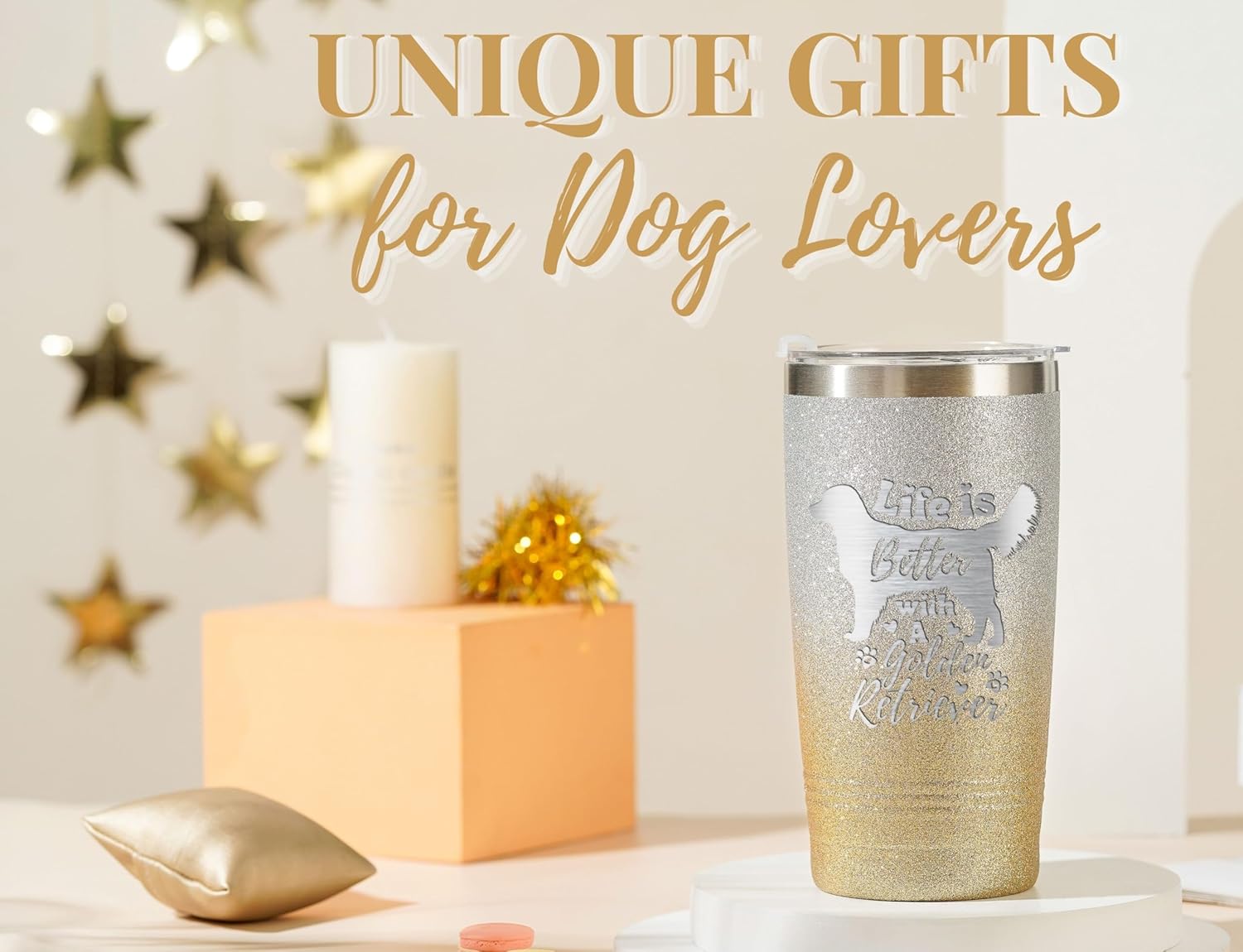 Onebttl Golden Retriever Gifts for Women, Life Is Better With A Golden Retriever, 20Oz Stainless Steel Travel Mug, Glitter Gold & Silver - Image 3