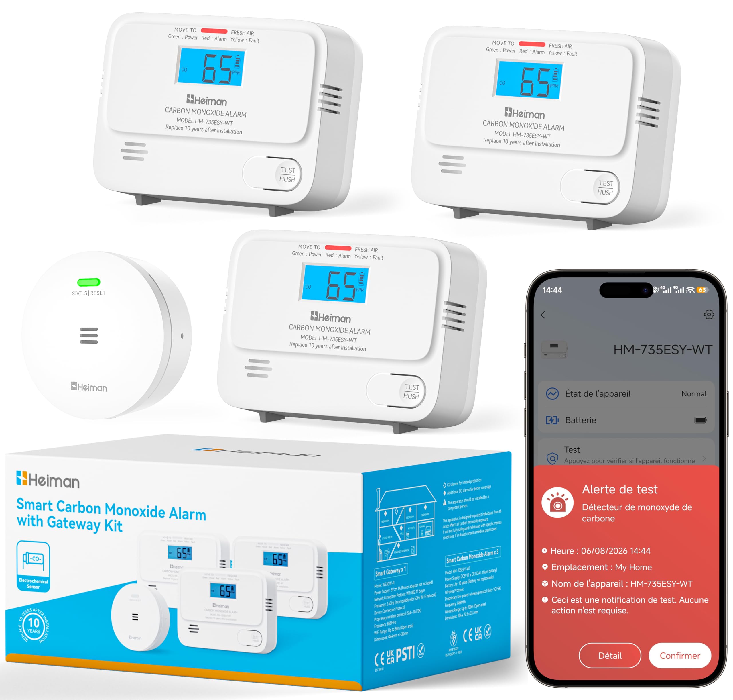 Détecteur de CO HEIMAN, capteur Intelligent, Batterie, 3 détecteurs et 1 Station de Base
