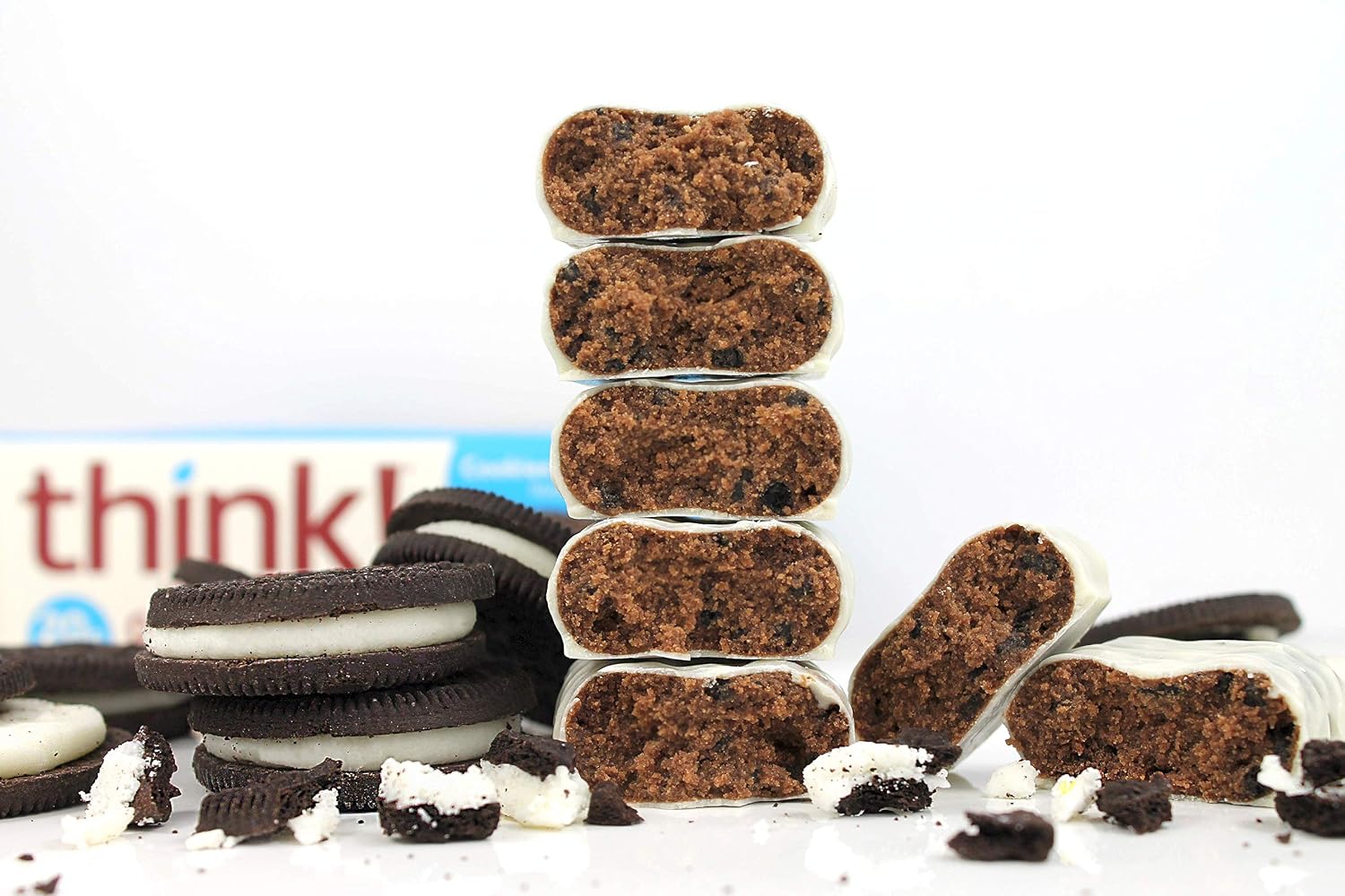 think! Protein Bars, High Protein Snacks, Gluten Free, Sugar Free Energy Bar with Whey Protein Isolate, Cookies and Crème, Nutrition Bars without Artificial Sweeteners, 2.1 Oz (10 Count) (Pack of 5)
