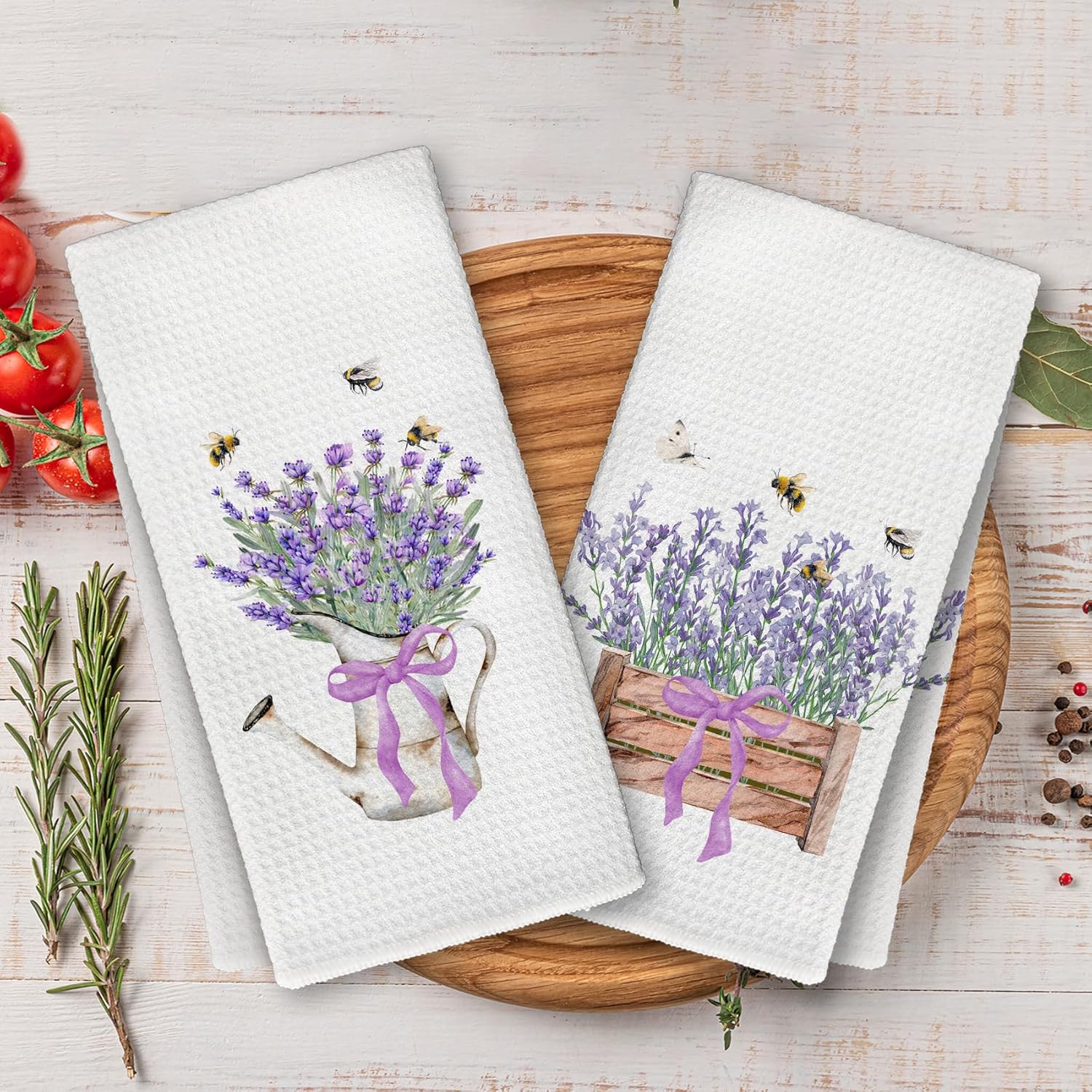 Lavender Floral Kitchen Towels, Cottagecore Country Bee Butterfly Flower Hand Dish Towels Decor, Flower Tea Towel for Kitchen Decorative, Floral Bathroom Decor, 16x24 Inch Set of 2 - Image 4