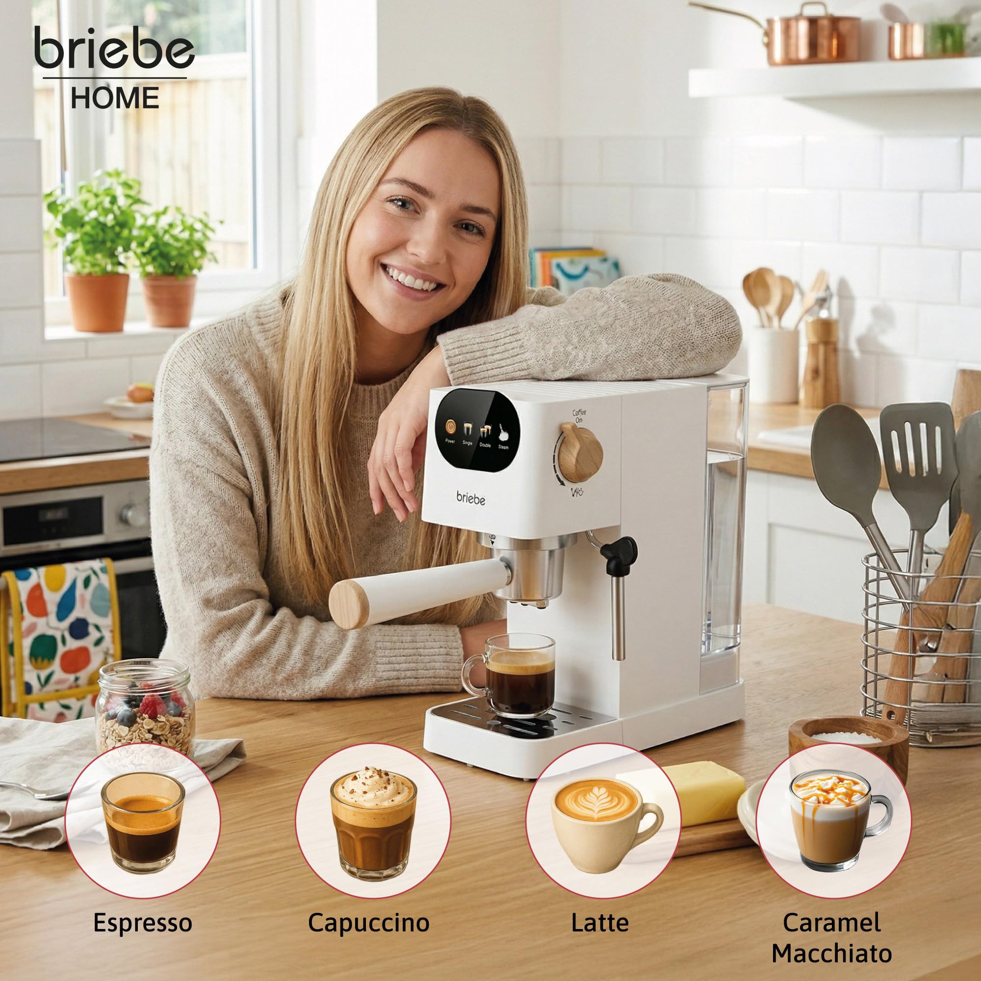 briebe Nordic Cafetera Espresso 20 Bares Compatible Cápsulas Nespresso y Café Molido, Máquina Café Semiautomática Profesional 1350W, Espumador Leche, Pantalla Táctil, 1,2L, Diseño Nórdico, Blanco - 3