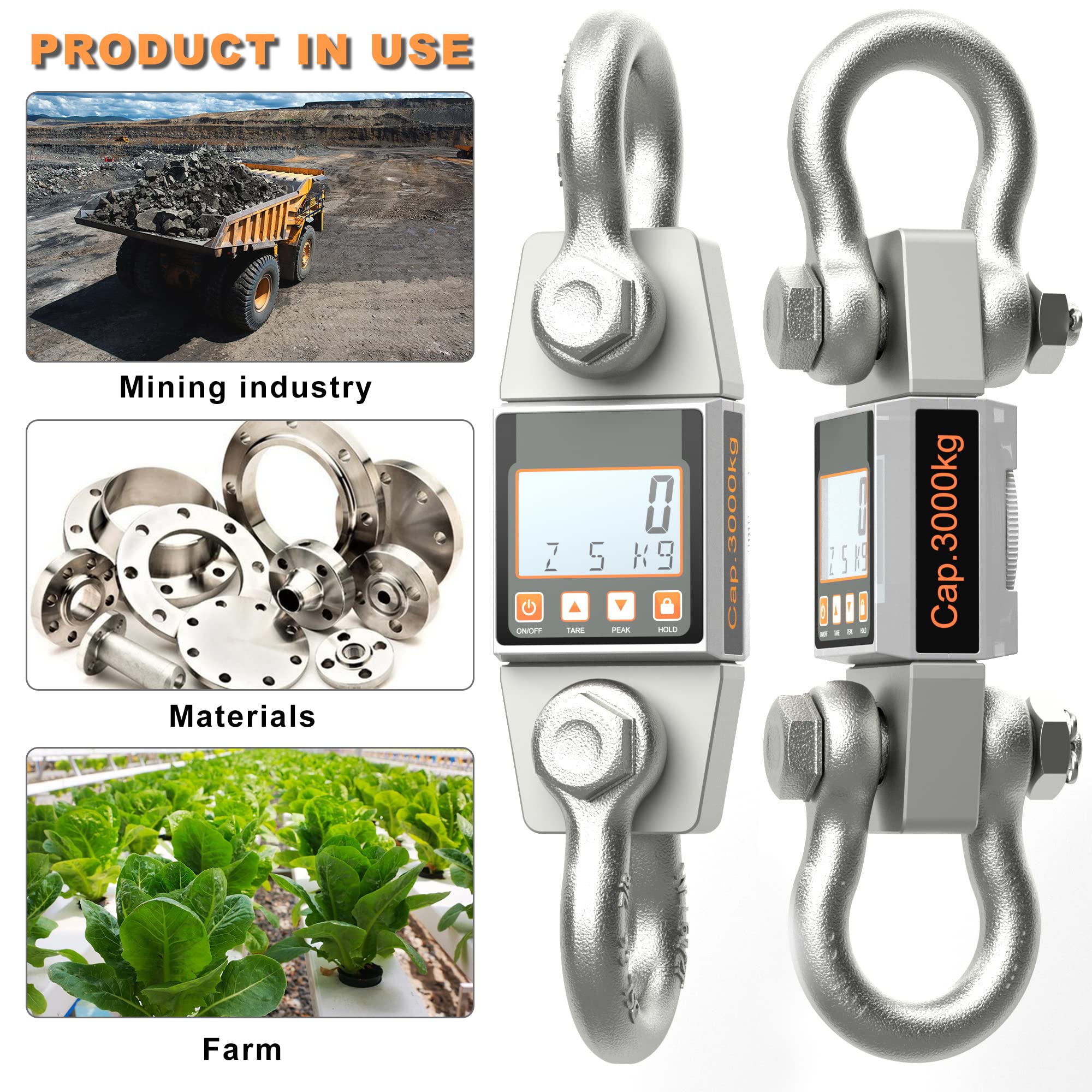 Báscula digital profesional para colgar de 3000 kg, báscula de grúa industrial, báscula electrónica inteligente de alta precisión con grillete + pantalla LCD