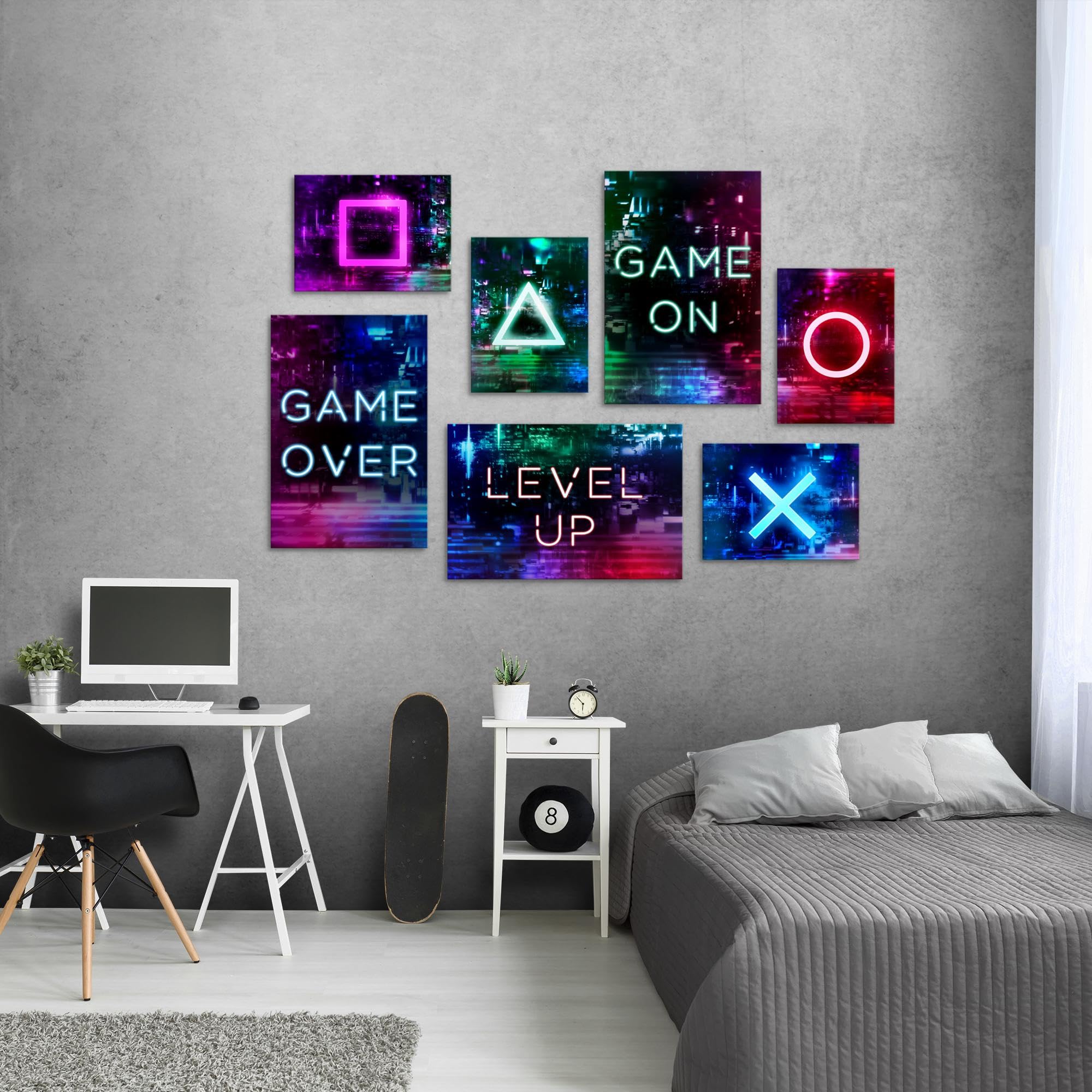 Novart Wandbilder Spielkonsole Gamer - KOMPLETT AUFHÄNGFERTIG - Bunt Kinderzimmer Junge Teenager - 7 Moderne Mood-Bilder - N021372a