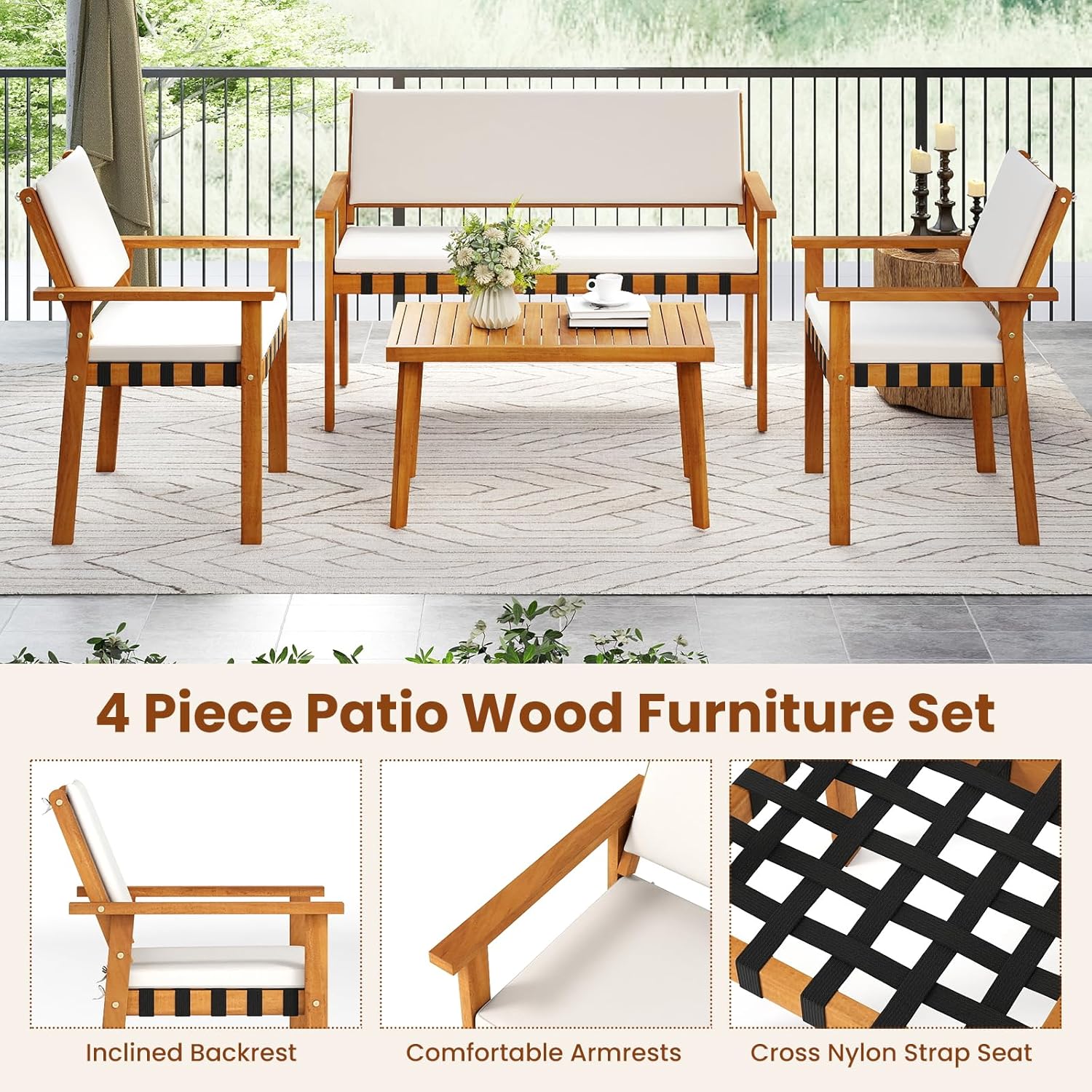 Tangkula 4 Pieces Wood Patio Furniture Set, Outdoor Acacia Wood Cuhioned Conversation Set with Coffee Table, for Backyard,Porch,Garden,Lawn