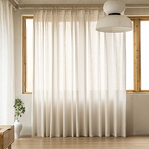 MAIHER Cortinas plisadas de lino natural semitransparente de 120 pulgadas de largo, para puerta de patio, sala de estar, dormitorio, fácil de colgar