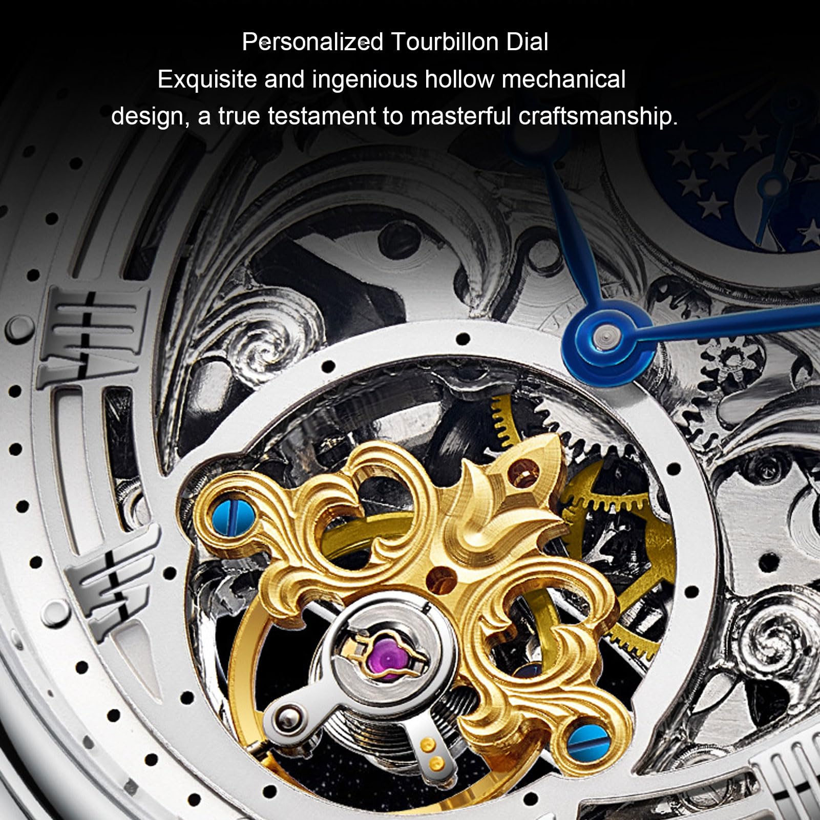 Brrnoo Tourbillon-Mechanische Uhr, Herren-Luxus-Skelett-Automatik-Mechanische-Armbanduhr, Tourbillon, Freiliegendes Uhrwerkszifferblatt, Mondphrase, Wasserdicht