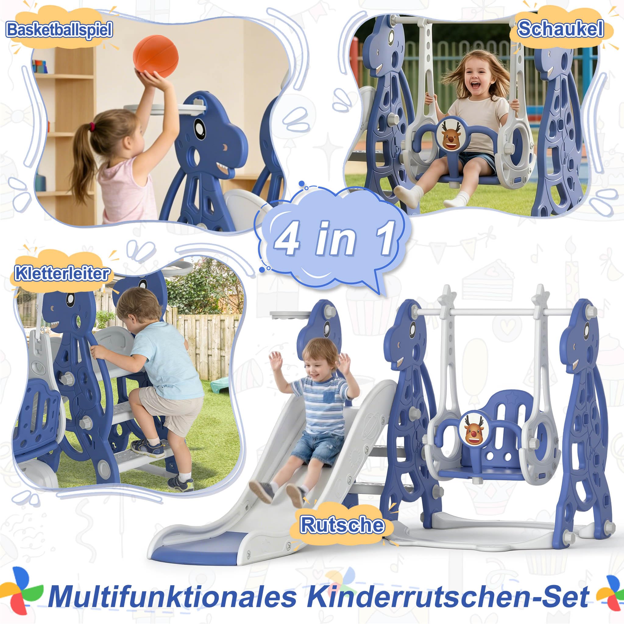 YUENFONG Scivolo e altalena per bambini 3 in 1 con cestino da basket, divertente scivolo pieghevole per bambini a partire da 1 anni, carico massimo 50 kg (tipo B)