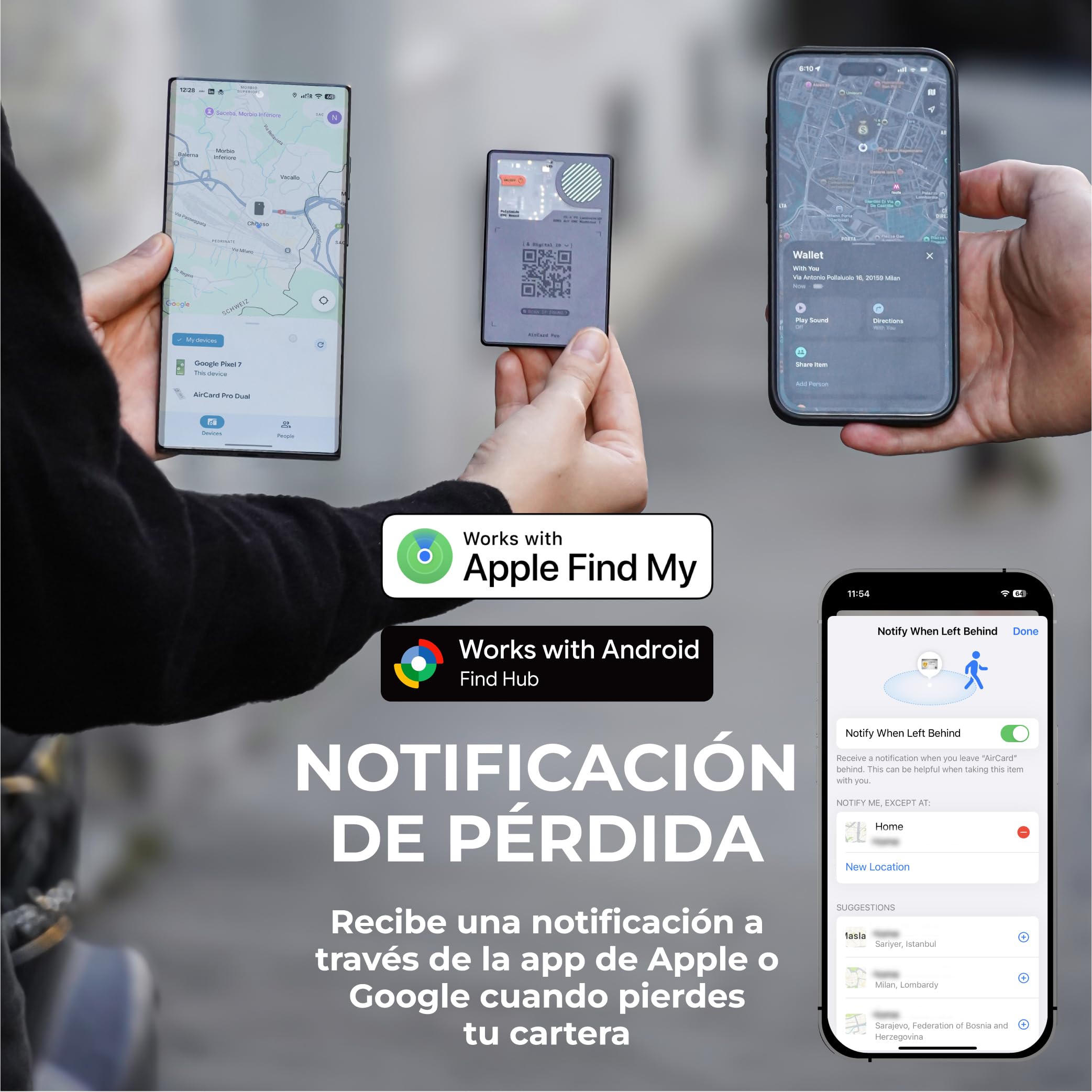 Rolling Square AirCard Pro Dual - Tag Localizador Android y Apple Compatible con Apple Find My y Google Android Find Hub, Smart Tag con Carga Inalámbrica ID Digital, Buscador de Llaves Cartera Gris 2x
