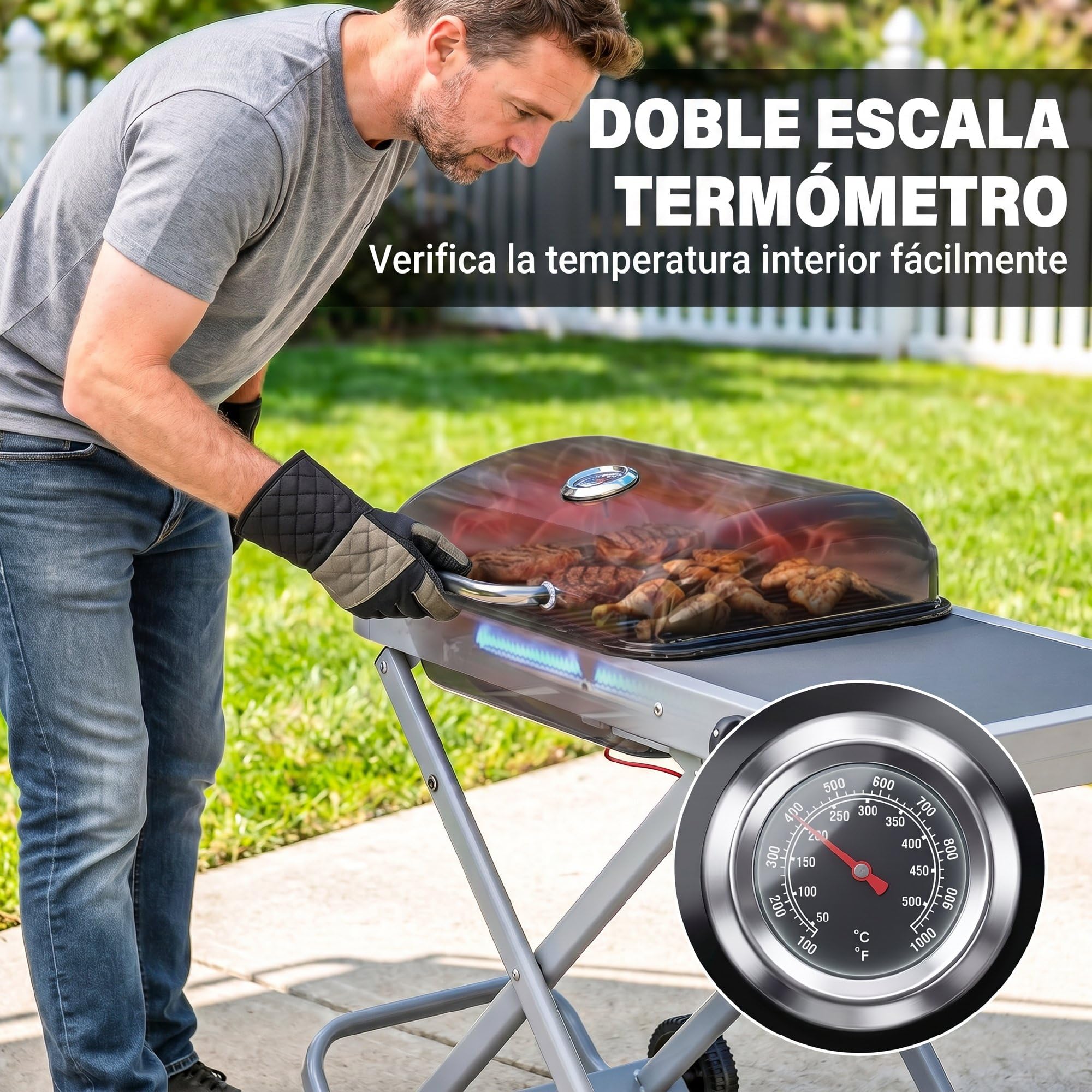 Outsunny Barbacoa de Gas Plegable, BBQ Gas con Quemador 2,5 kW, Barbacoa Portátil con Termómetro, Mesa Lateral, Parrilla de Hierro Fundido, Recogedor Grasa y 2 Ruedas para Jardín, Camping, Negro