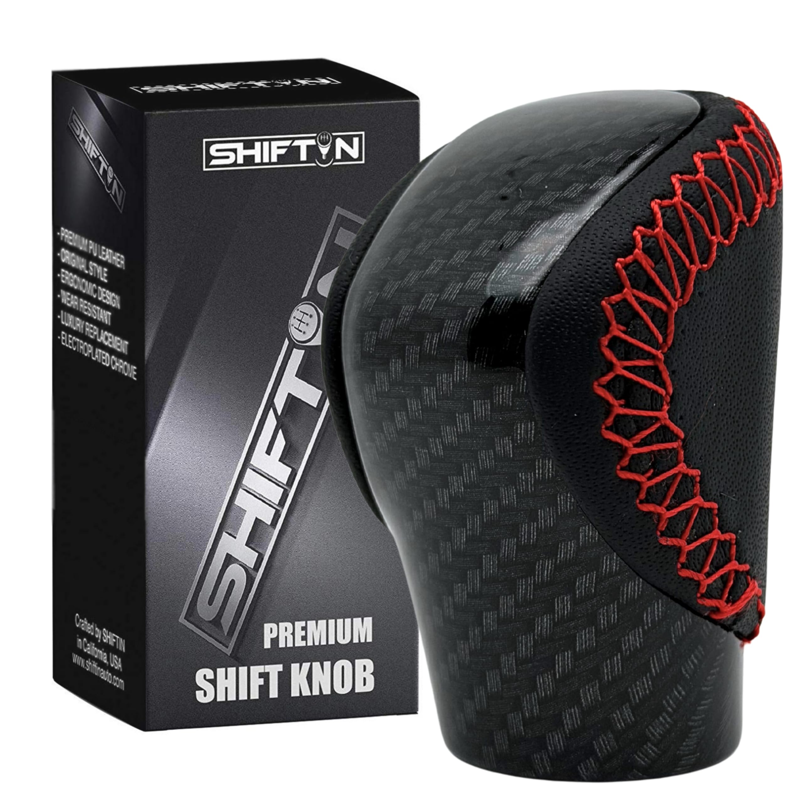 Gear Shift Knob Shifter for Lexus ES GS GX is NX RC RX 200t 300 350 3450h 450hL 350L (Black Leather Red Stitch/Carbon Look)