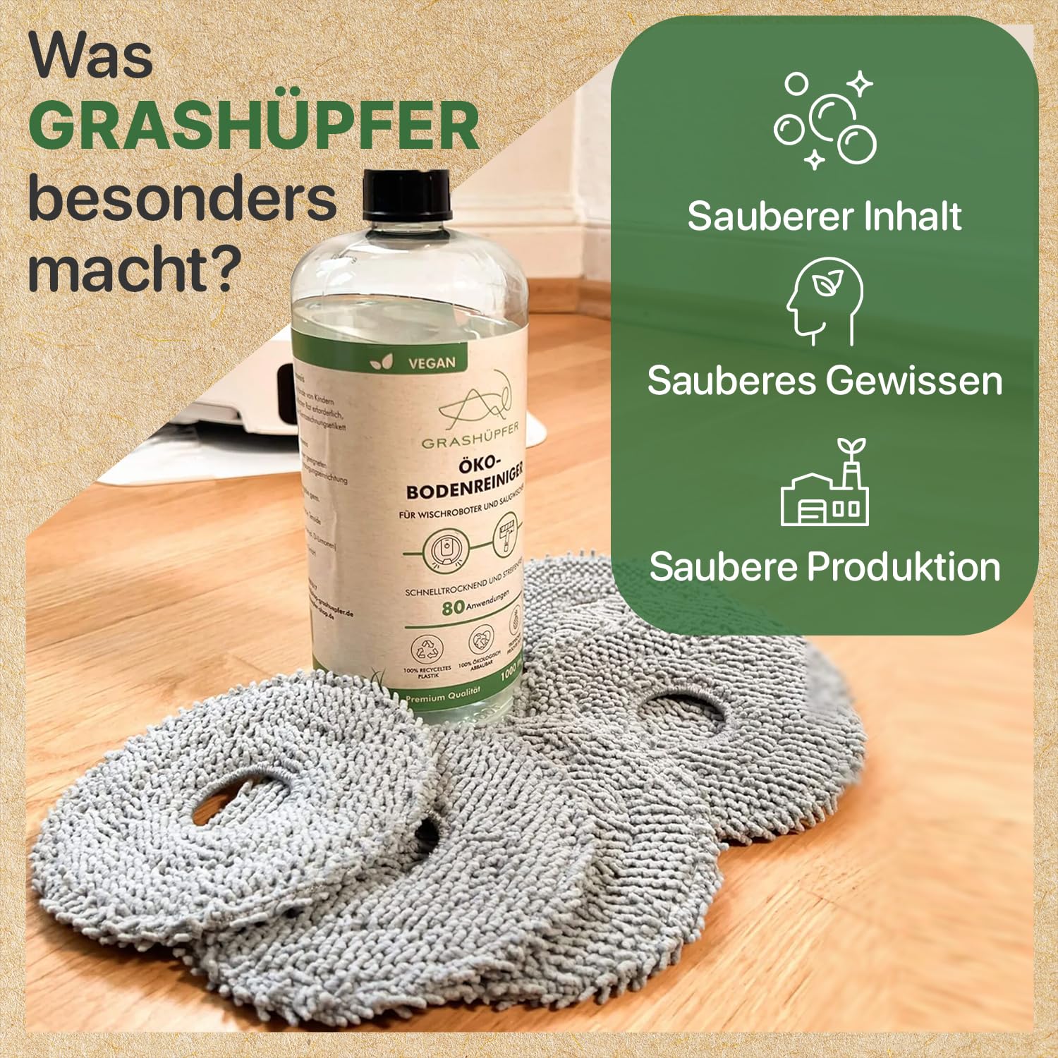GRASHÜPFER® Roborock Qrevo/Saros 10R, 20 Sorglospaket – 2x Öko-Bodenreiniger (Zitrusblüte & Tropisch) + 3 Wiederverwendbare Staubbeutel + 6 Waschbare Wischpads – Zubehör & Ersatzteile für Wischroboter