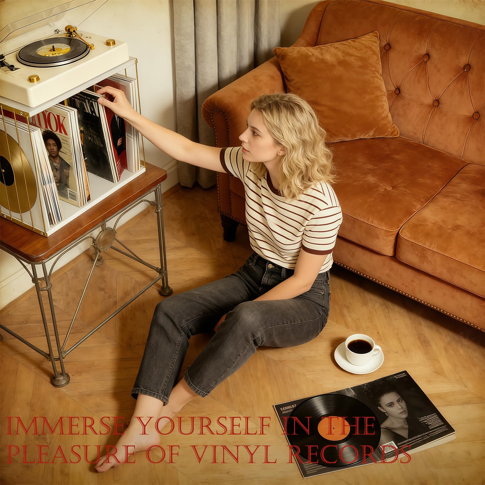 Soporte de almacenamiento de discos de vinilo, estante de discos de vinilo de metal y madera de hasta 80 discos LP, organizador de soporte para tocadiscos para álbumes, revistas, libros