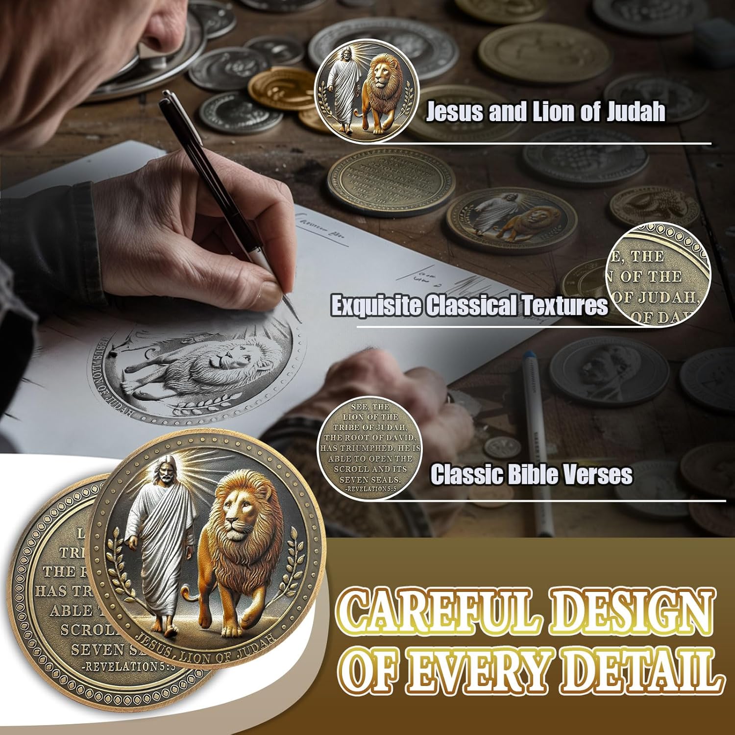 Jesus and Loin Christian Challenge Coin, Revelation 5:5 Bible Verses Coin - Bronze Christian Prayer Pocket Token - Religious Gifts for Men Women