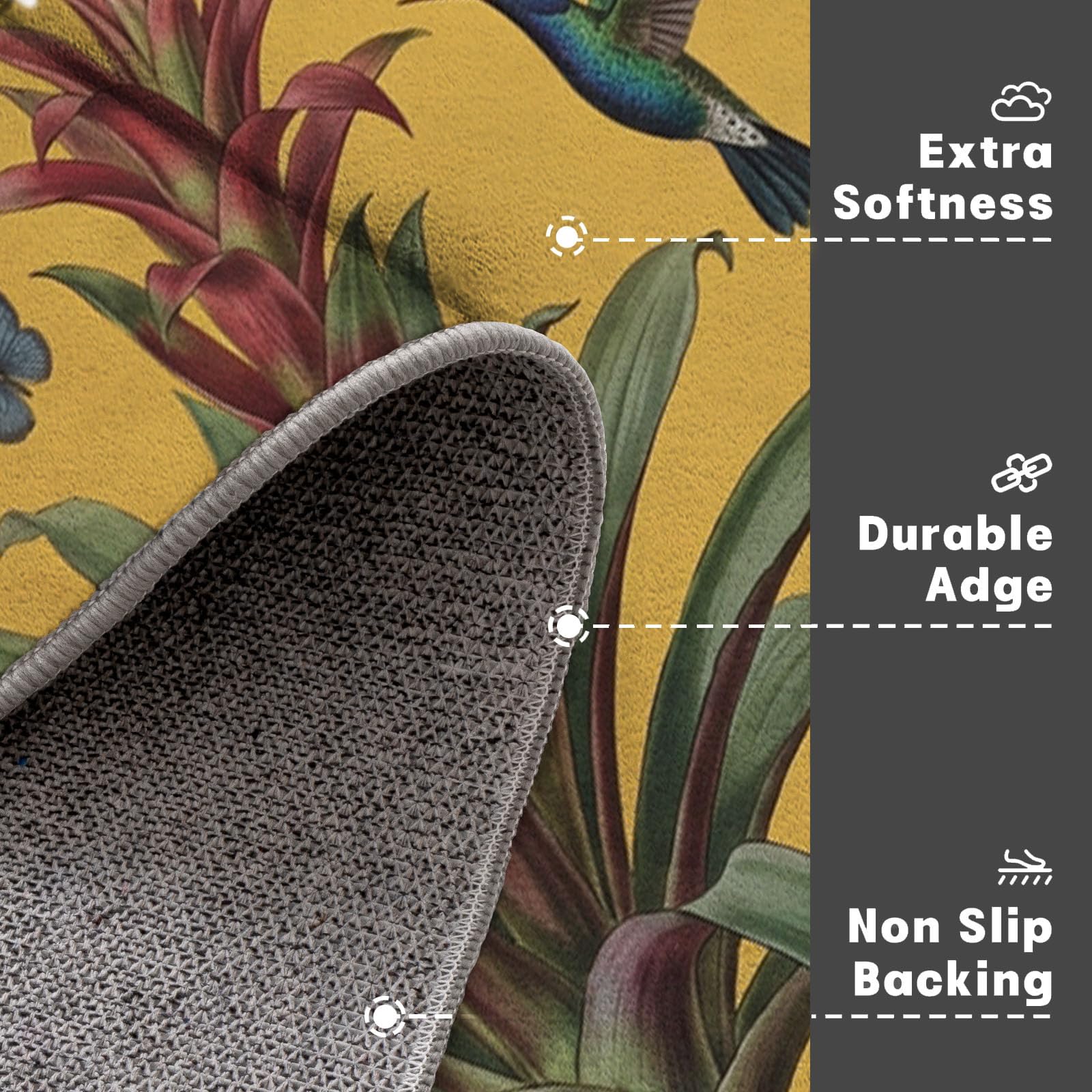 Felpudo Ultrafino Para Interiores, 80X120Cm, Plantas Tropicales Retro Alfombra Antideslizante Lavable Para Entrada, Colibríes Exóticos Flores Felpudo De Perfil Bajo, Atrapa Suciedad, Amarillo