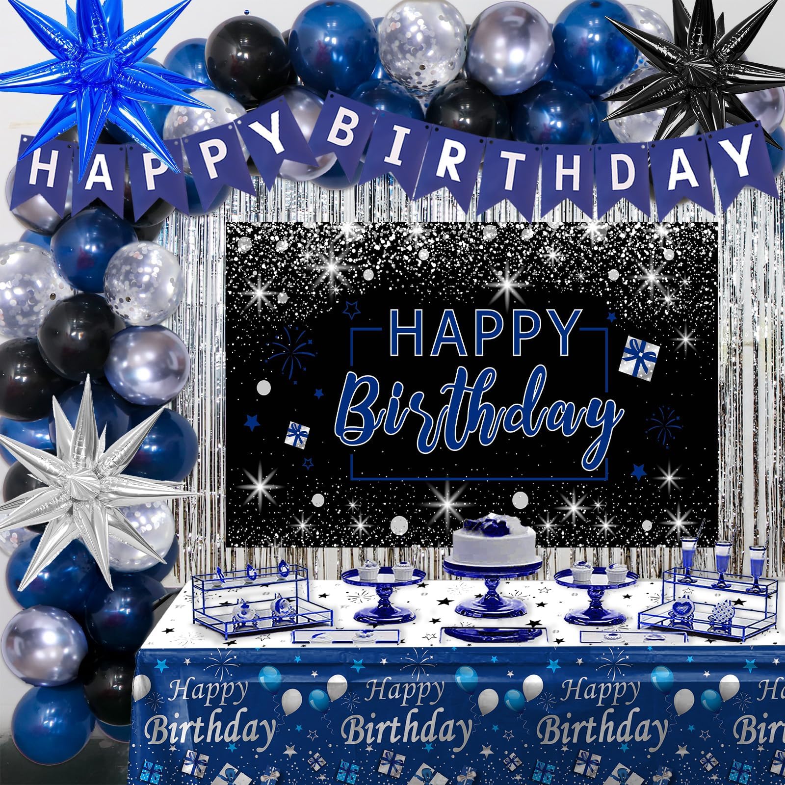 Blue and Black Birthday Decorations for Men Women, Happy Birthday Decorations for Boys Girls Silver Blue Party Decorations Backdrop Tablecloth Confetti Balloons Arch Kit Fringe Curtains Table Cover