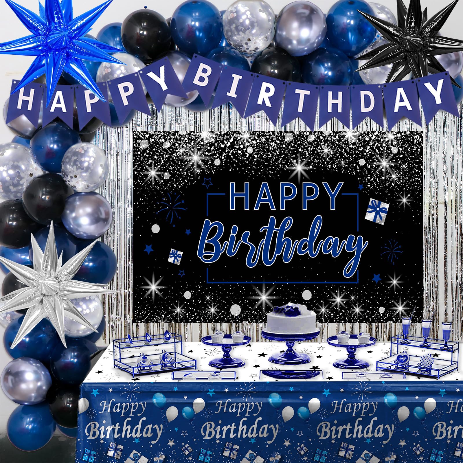 Blue and Black Birthday Decorations for Men Women, Happy Birthday Decorations for Boys Girls Silver Blue Party Decorations Backdrop Tablecloth Confetti Balloons Arch Kit Fringe Curtains Table Cover
