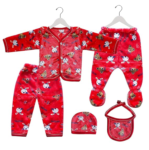 HIKIPO Presents New Born Baby Winter Wear Keep Warm Baby Clothes 5Pcs Sets Cotton Baby Boys Girls Unisex Baby Fleece/Velvet Suit Infant Clothes First Gift