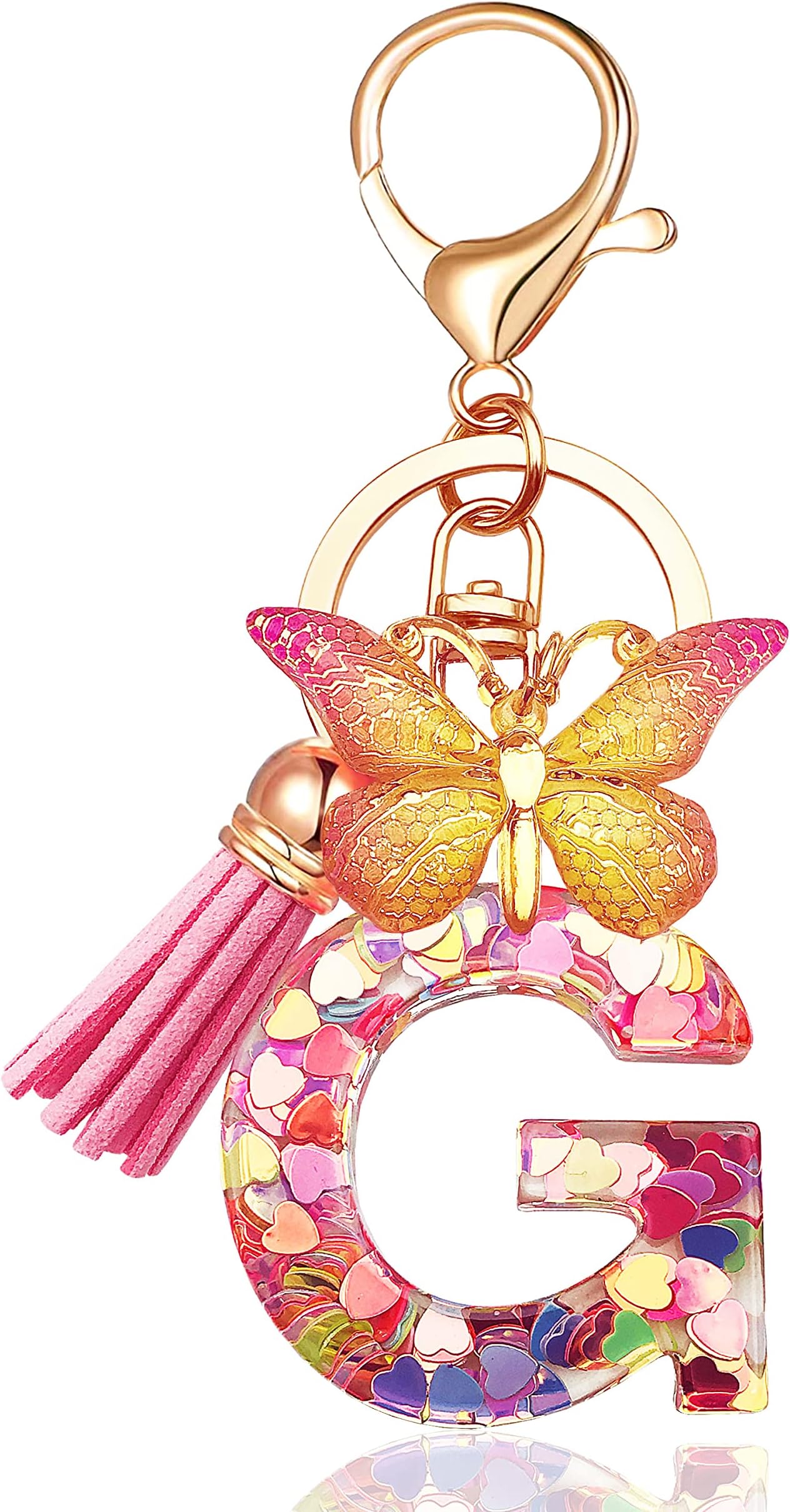 JINGUAZI Initial letter Keychains for Women Tassel Butterfly Pink Purple Cute Car Keychain for Wallet Backpack bag charm