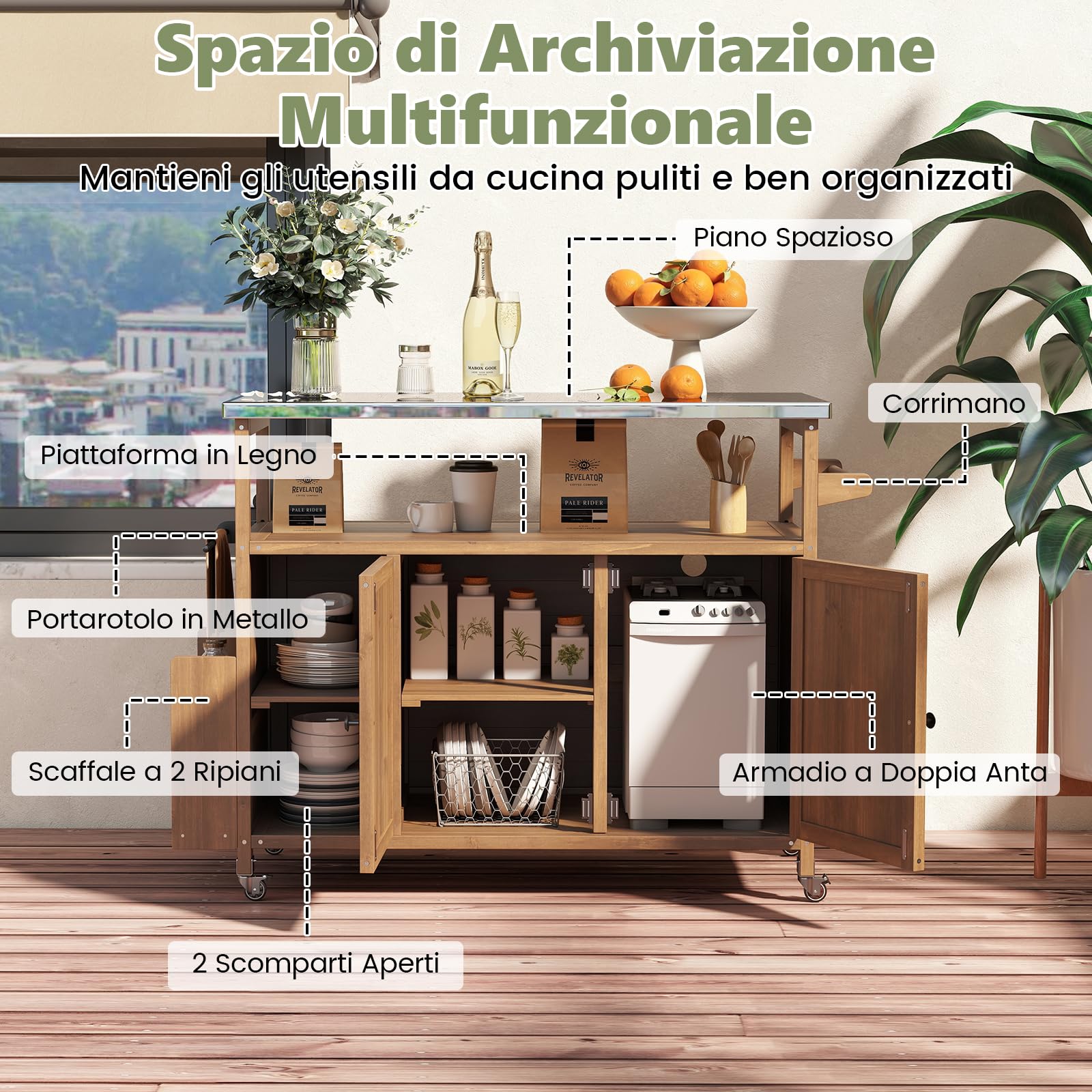 COSTWAY Carrello Barbecue Esterno, con Piano in Acciaio Inox, Isola Cucina in Legno di Abete con Ruote, Armadio, Ripiano Aperto e Scomparti, 130 x 47 x 92 cm