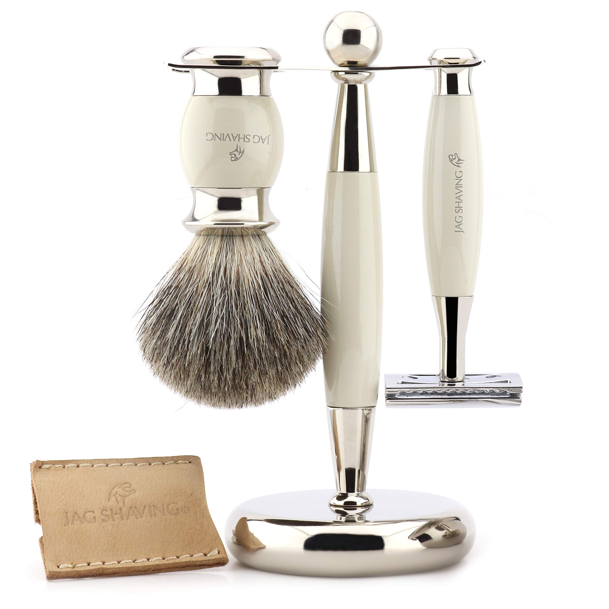 Haryali London, Set da barba in 4 pezzi, elegante set per la cura della barba color avorio, comprendente rasoio di sicurezza a doppia lama, astuccio in pelle, pennello in pelo di tasso e supporto.