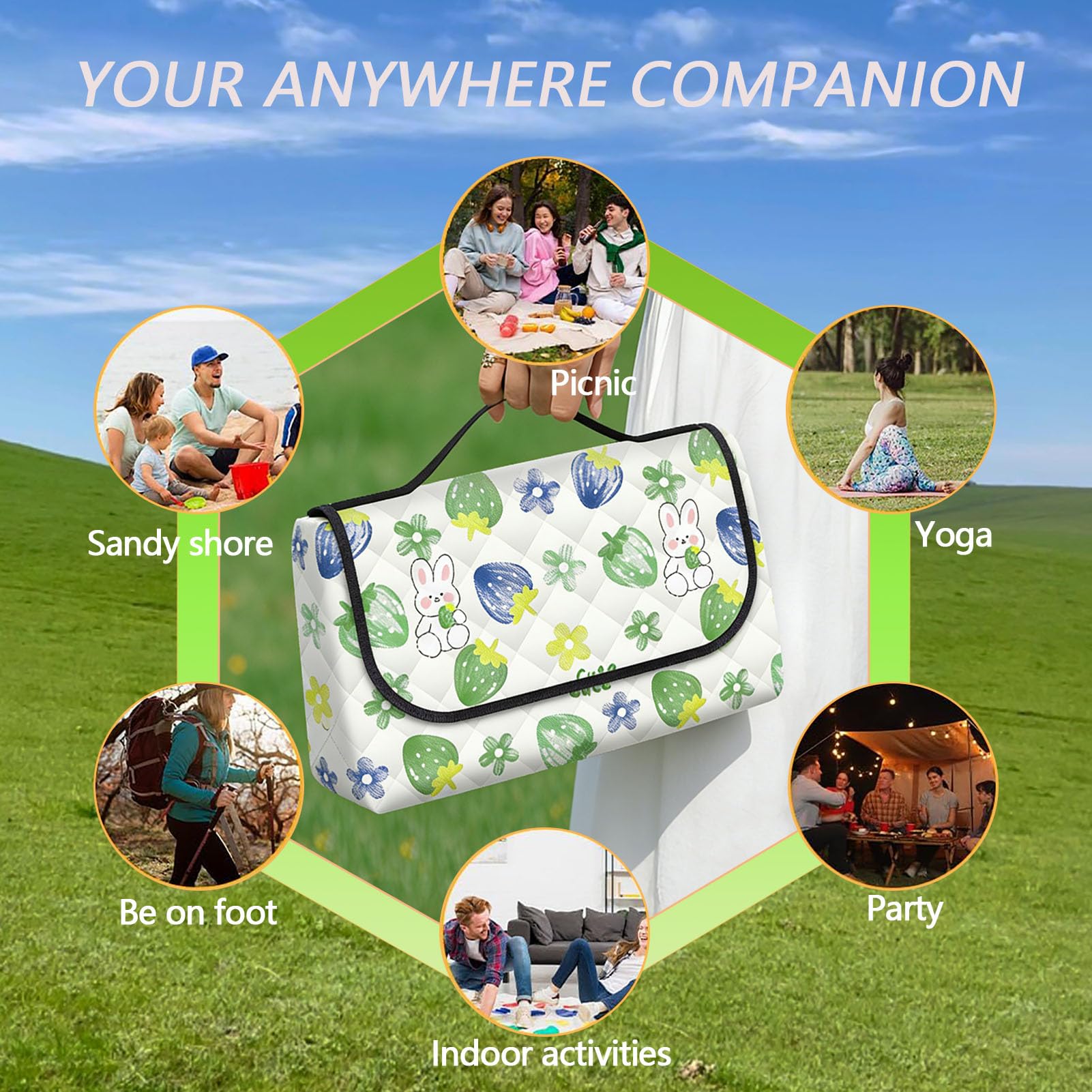 Stuoia Campeggio, Tappetino da Picnic Lavabile Leggero Multiuso Portatile Leggero Antivento Plaid Picnic Blanket per All'aperto,Viaggi,Parchi,Spiaggia,Rabbit,200×200cm