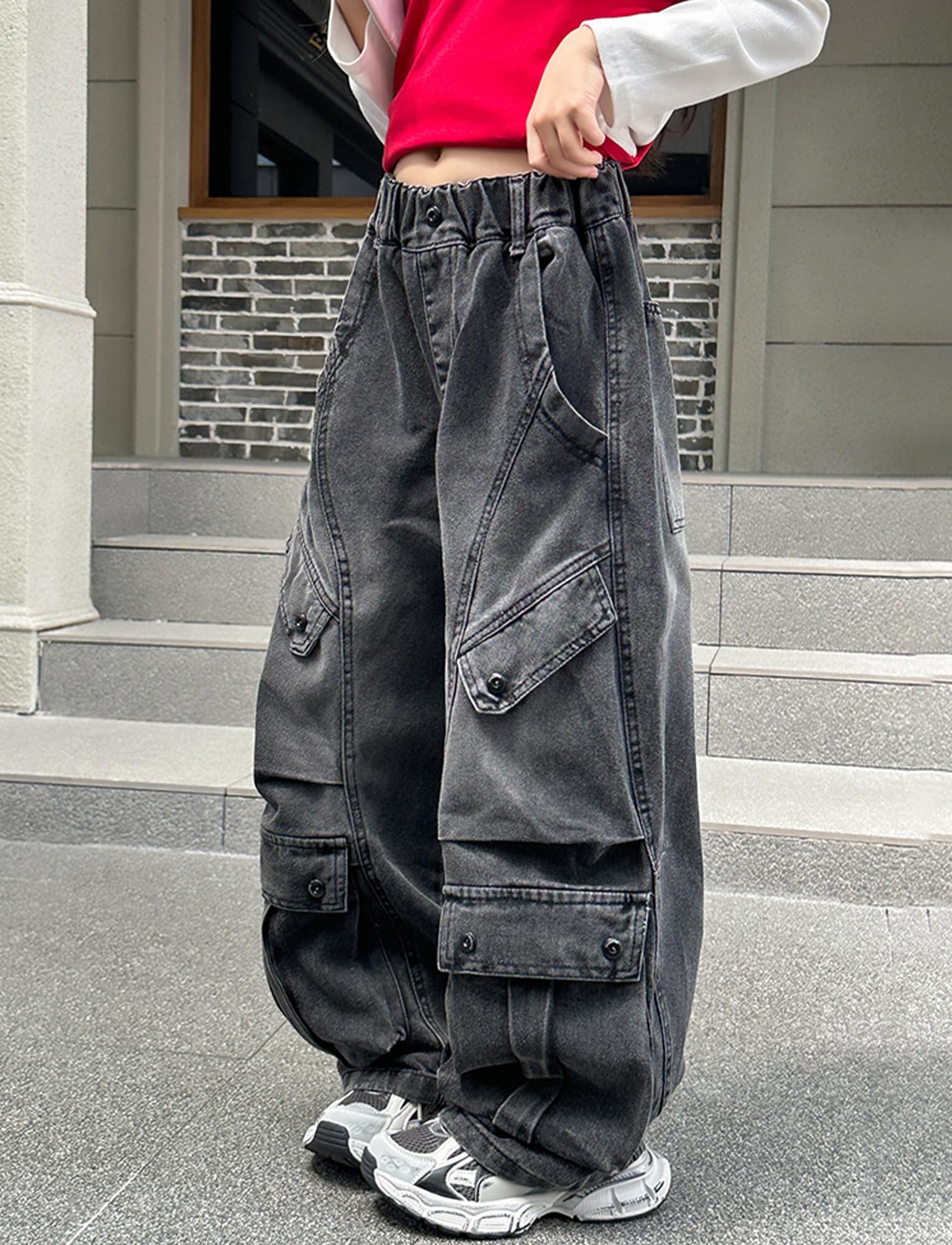 Maeau Jeans Jambes Larges pour Fille, Camo Pantalon Droit Taille Élastique, Jeans Cargo de Jazz Danse Décontracté Ample, Printemps Automne, Taille 120-170/5-14 Ans