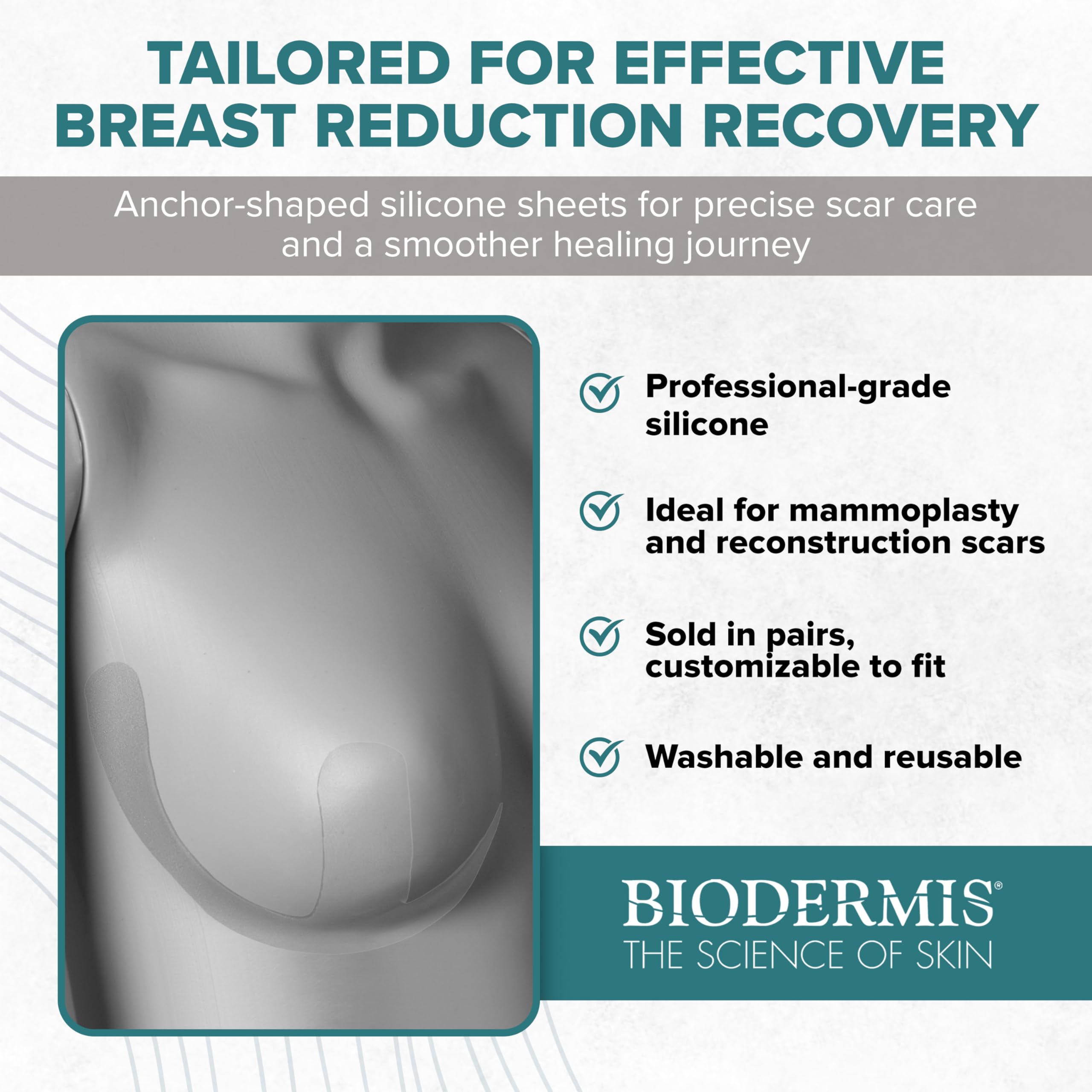 Biodermis Epiderm Narbenpflaster Mastopexie Bruststraffung transparent | Wiederverwendbar, anatomisch vorgeformt fuer Narben nach Brustchirurgie, 100% Medical Grade Silikon, transparent